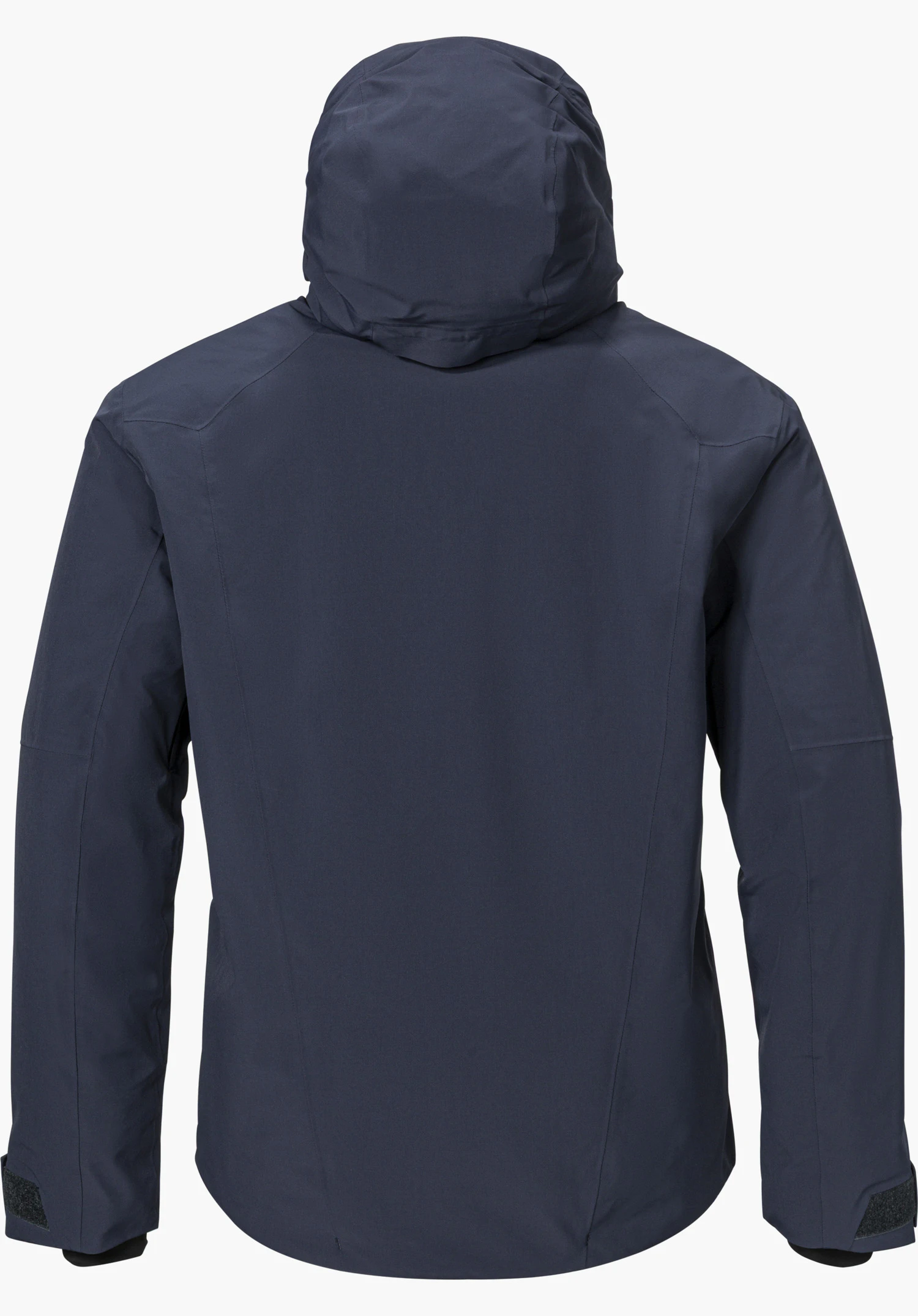 Jacket Style Safuna MEN ski jacket in blue, shown from the back with hood and isolated on a white background.