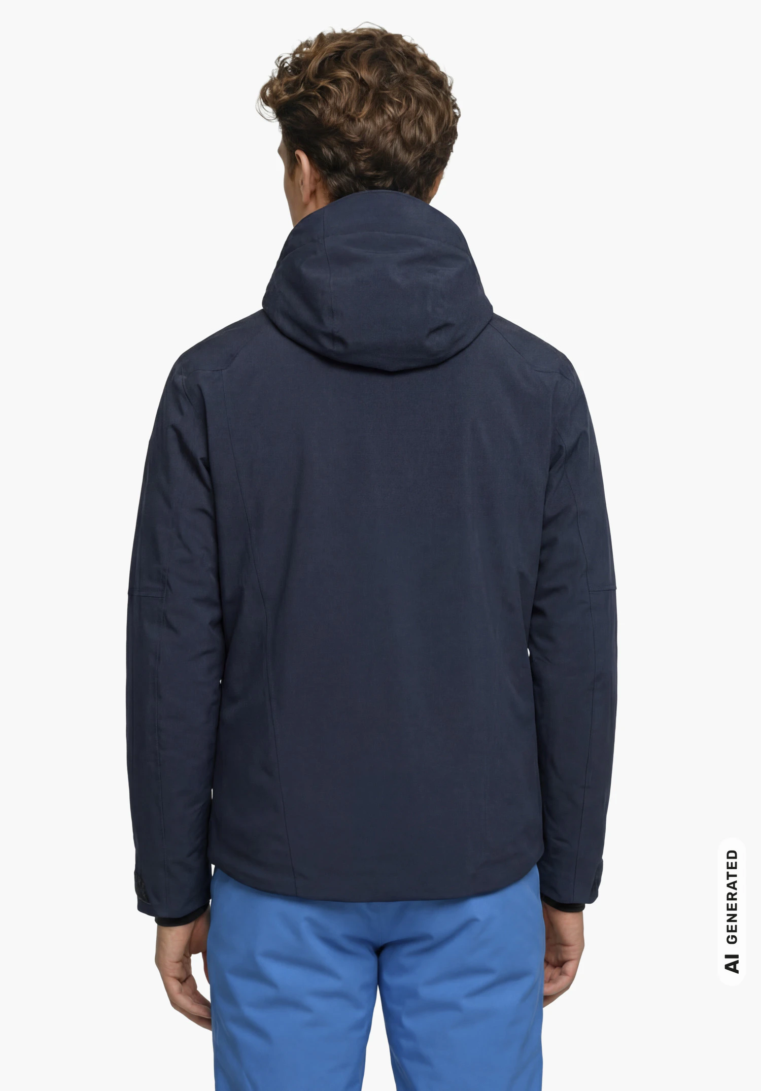 Jacket Style Safuna MEN in blue, worn by a male model standing upright and shown from the back with the hood closed against a white background. (AI-generated)