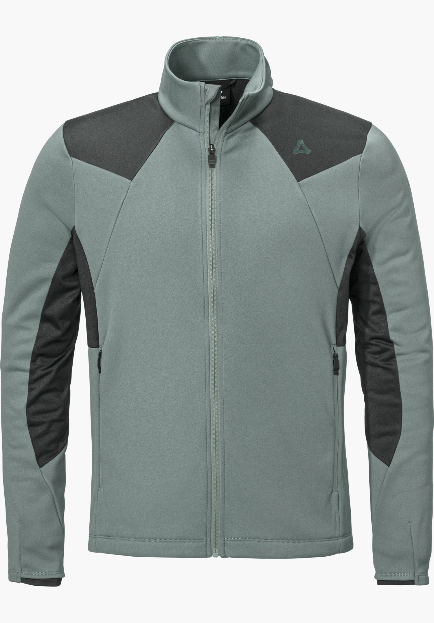Fleece Jk Style Immerso MEN Fleecejacke in grau in Frontansicht mit durchgehendem Reißverschluss, Stehkragen, kontrastierenden Einsätzen an den Schultern und Ärmeln sowie einem Schöffel-Logo, freigestellt vor weißem Hintergrund.