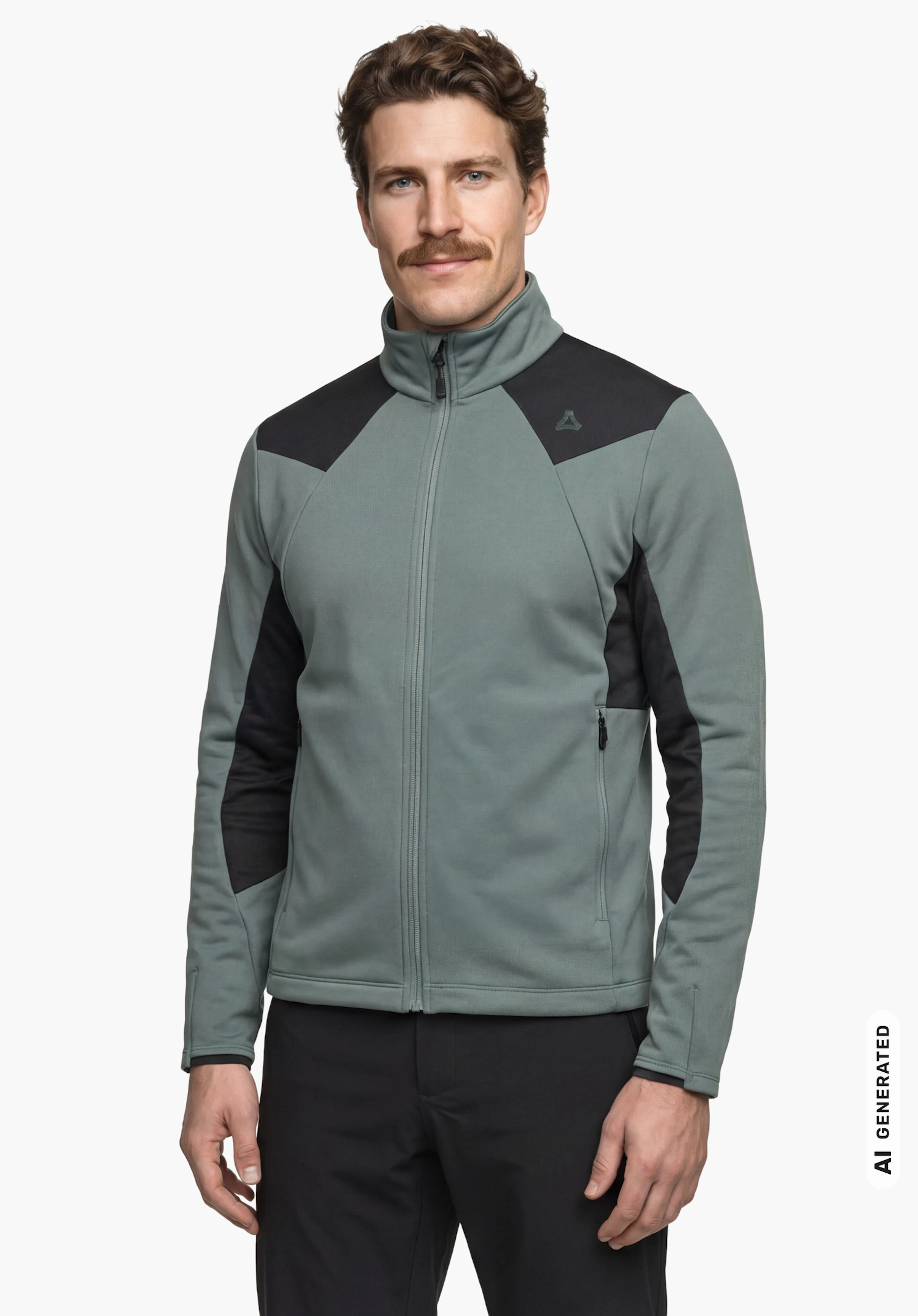 Fleece Jk Style Immerso MEN in grey with a black Schöffel logo on the chest, worn by a male model standing upright and shown from the front with arms hanging down against a white background. (AI-generated)