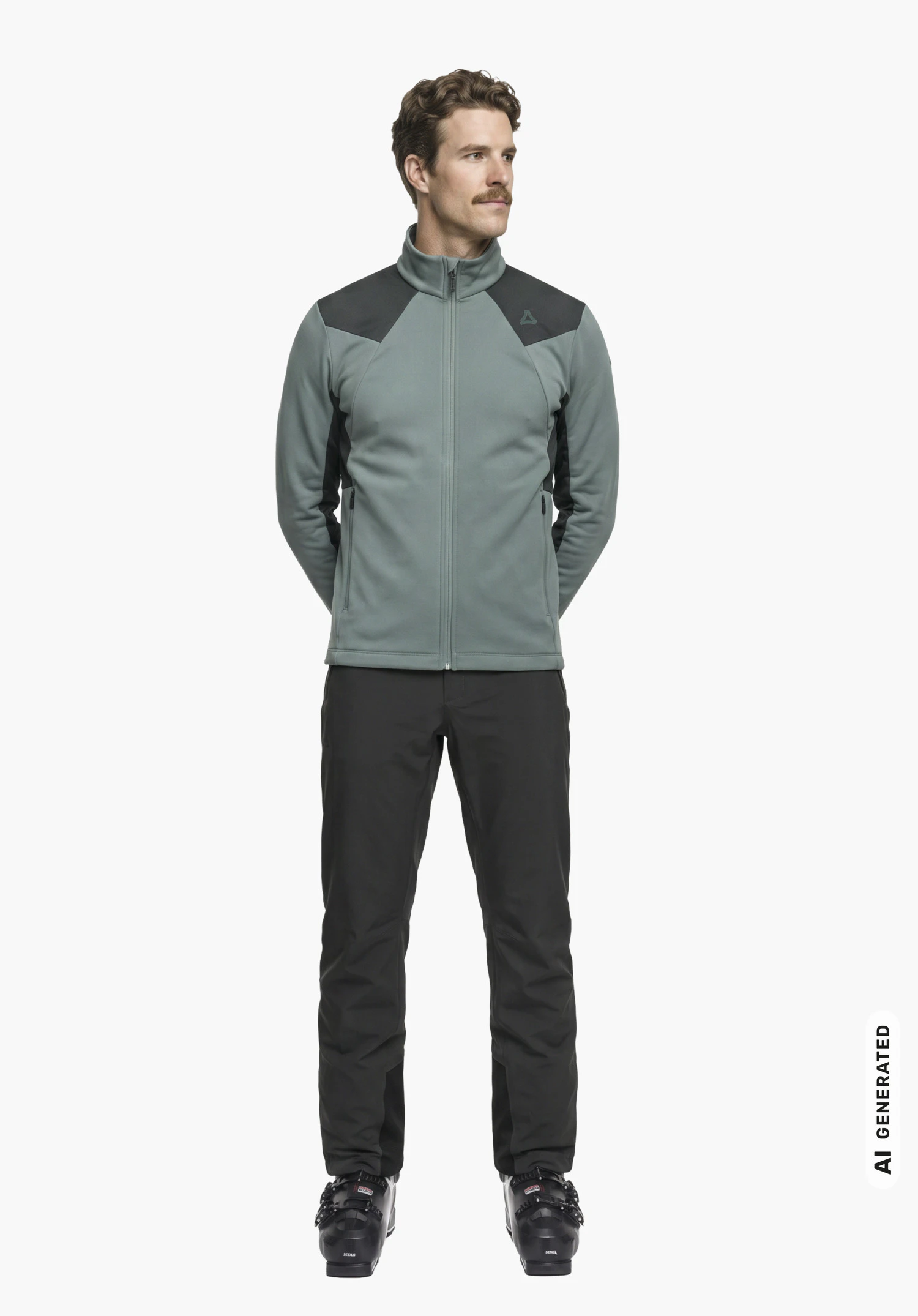 Fleece Jk Style Immerso MEN in grey with Schöffel logo, worn by a male model standing upright with hands crossed behind his back in a side view against a white background. (AI-generated)