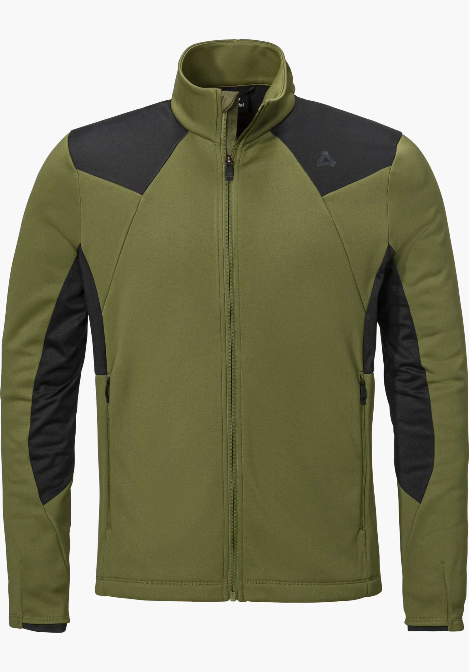 Fleece Jk Style Immerso MEN Fleecejacke in Grün mit schwarzen Schulter- und Ärmelakzenten, Stehkragen, Frontreißverschluss, Eingrifftaschen und Schöffel-Logo, freigestellt vor weißem Hintergrund.
