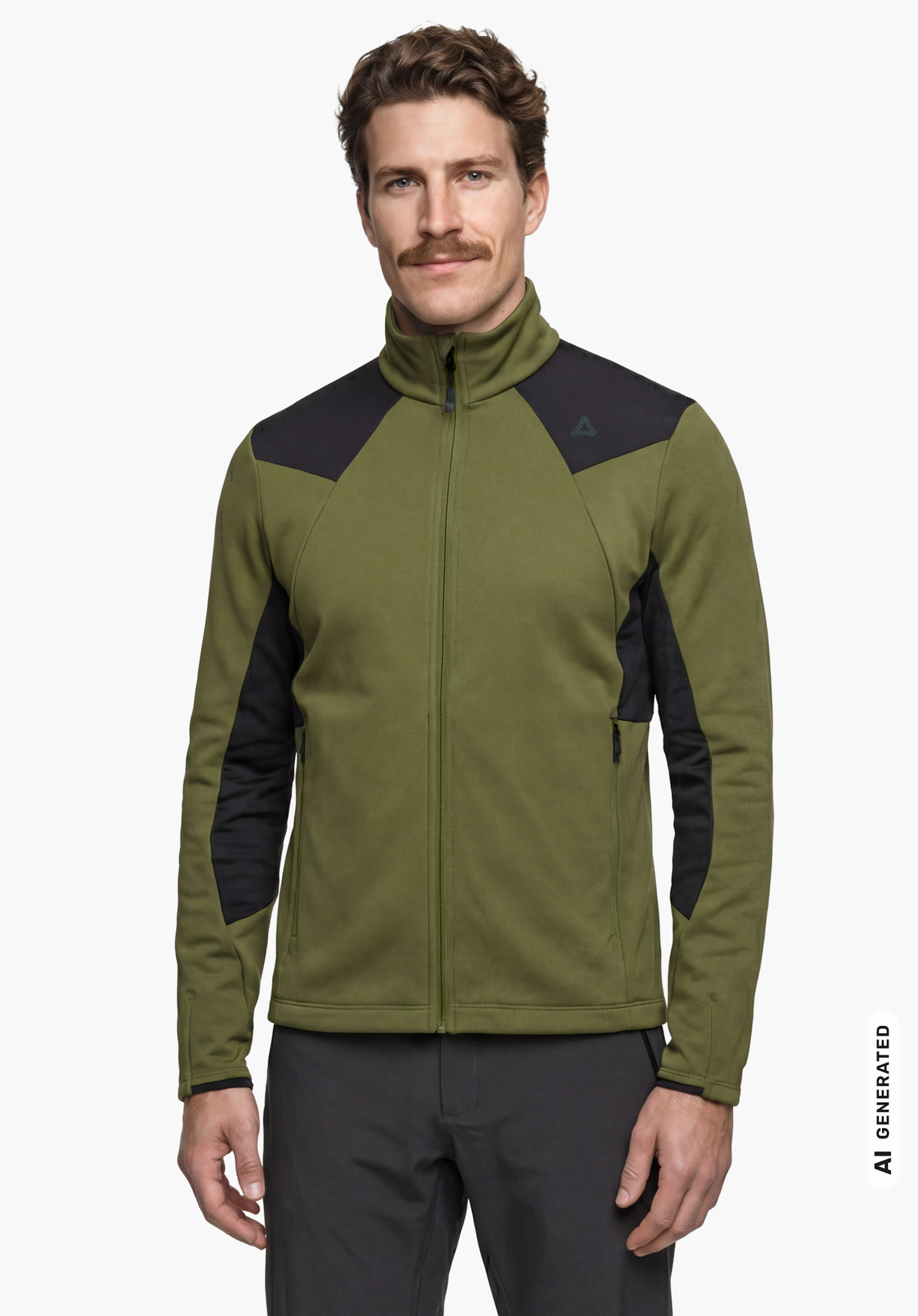 Fleece Jk Style Immerso MEN in green with a black Schöffel logo on the chest, worn by a male model standing upright and shown from the front against a white background. (AI-generated)
