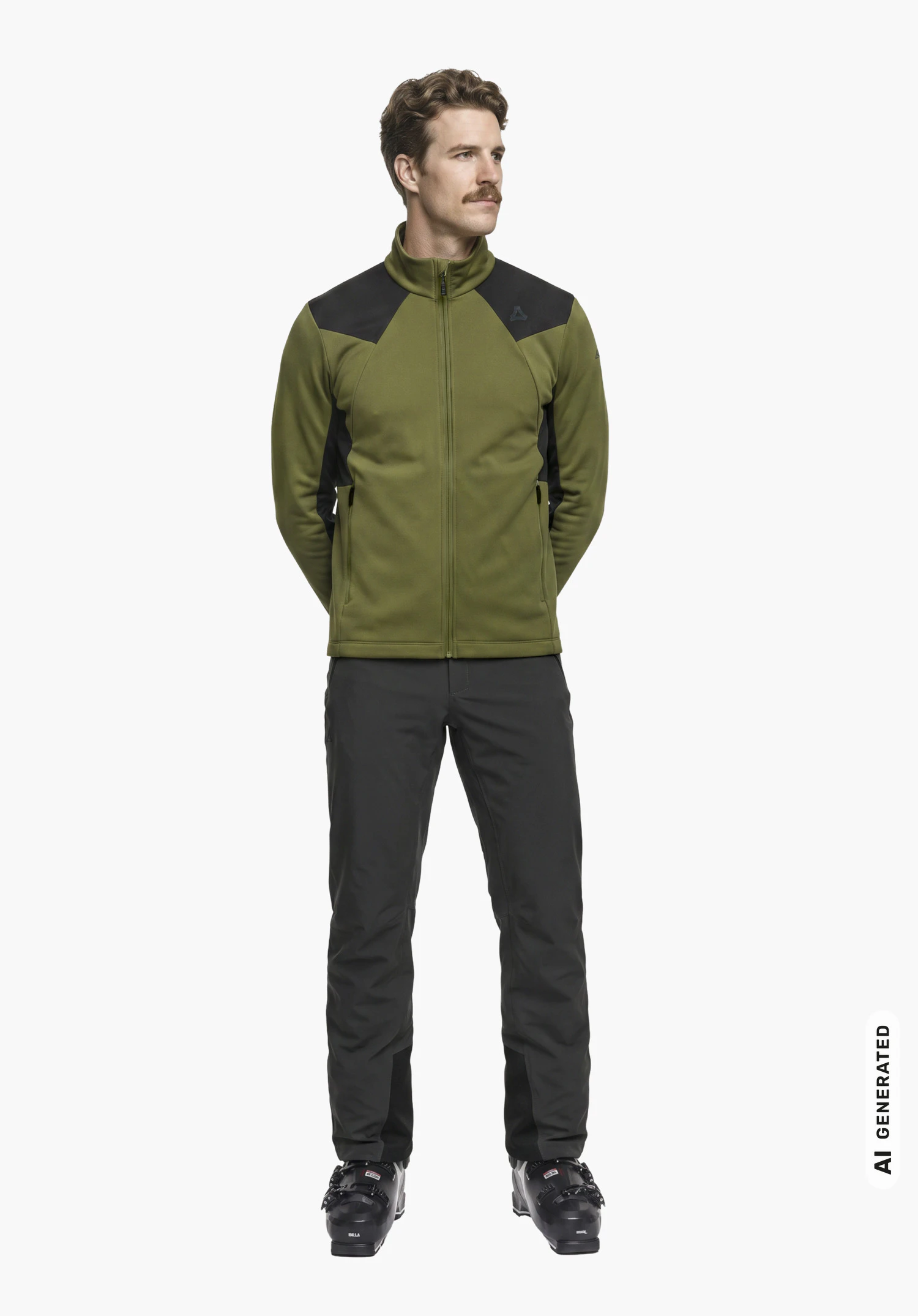 Fleece Jk Style Immerso MEN in green with Schöffel logo, worn by a male model standing upright with hands crossed behind his back in a three-quarter side view against a white background. (AI-generated)