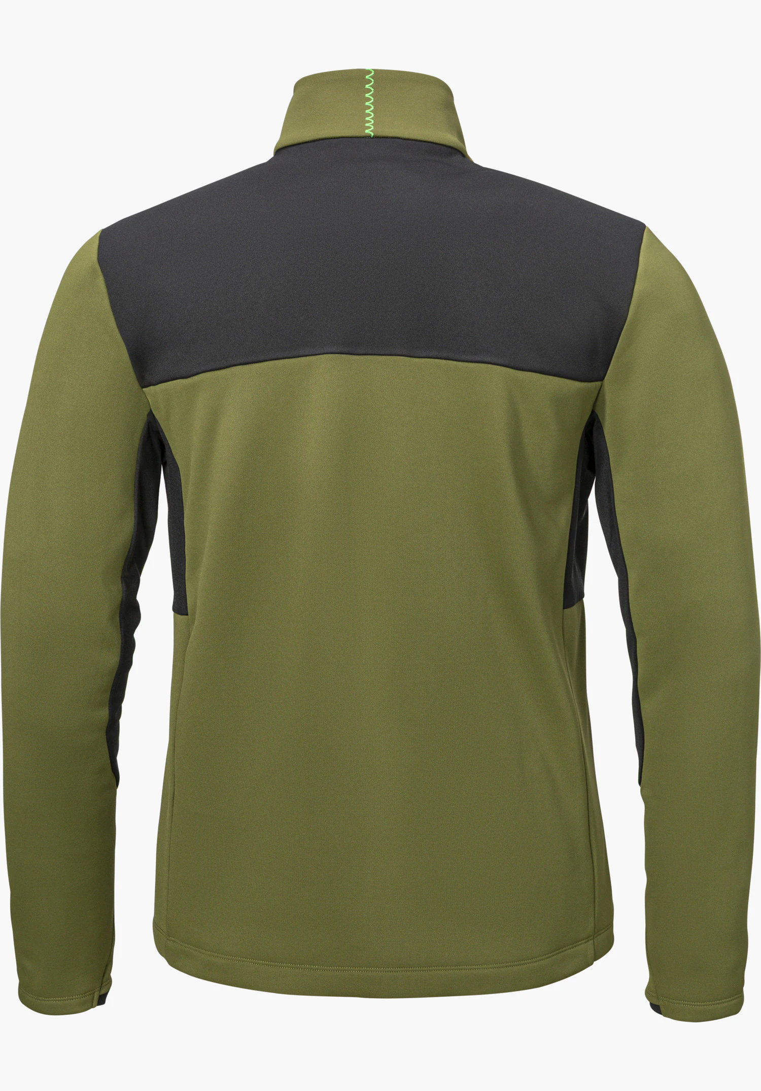 Fleece Jk Style Immerso MEN in green, shown from the back with a black shoulder section and high collar, isolated on a white background.