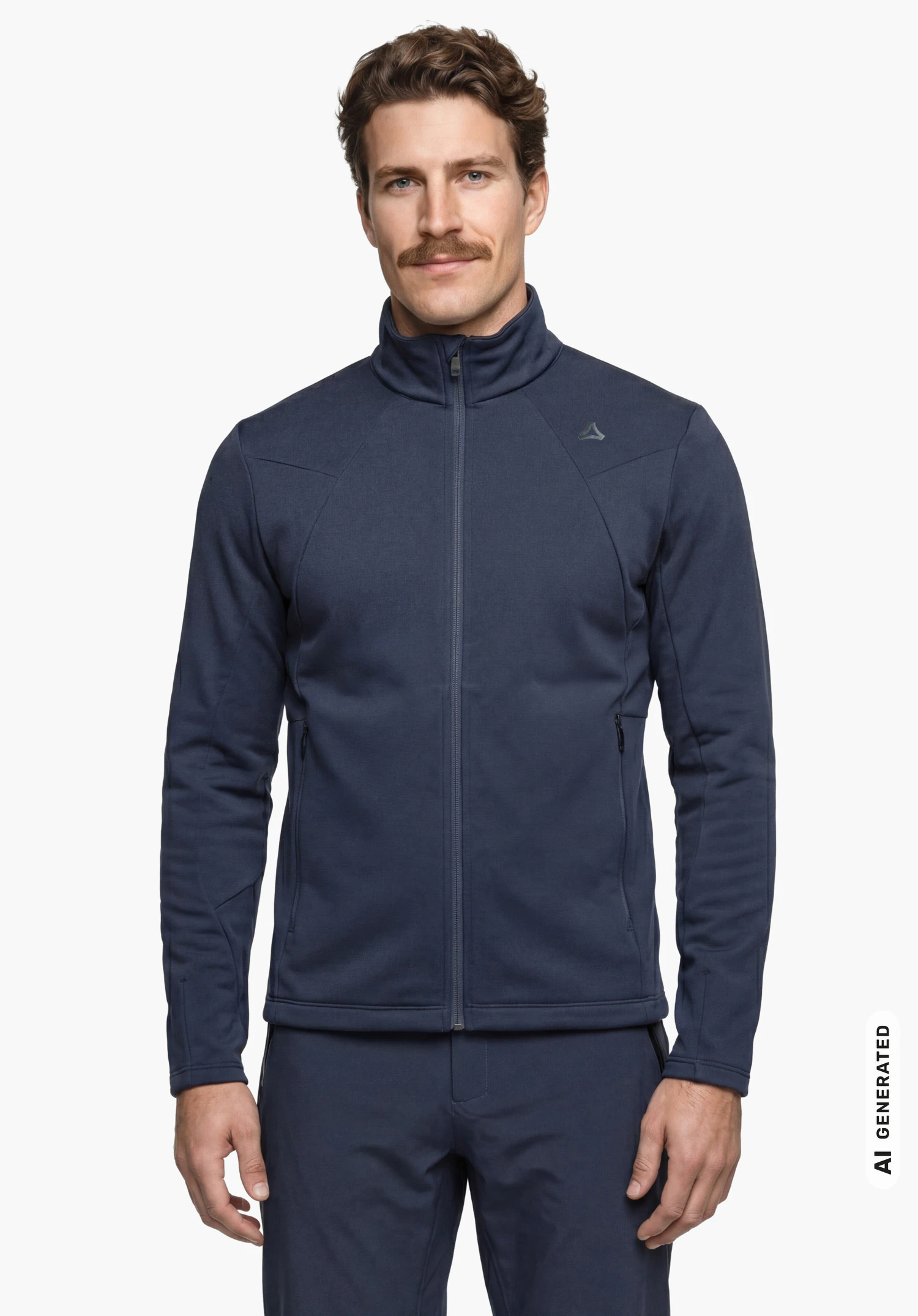 Fleece Jk Style Immerso MEN in blau mit Stehkragen und Schöffel-Logo auf der Brust, getragen von einem männlichen Model im aufrechten Stand in Frontansicht vor weißem Hintergrund. (KI-generiert)