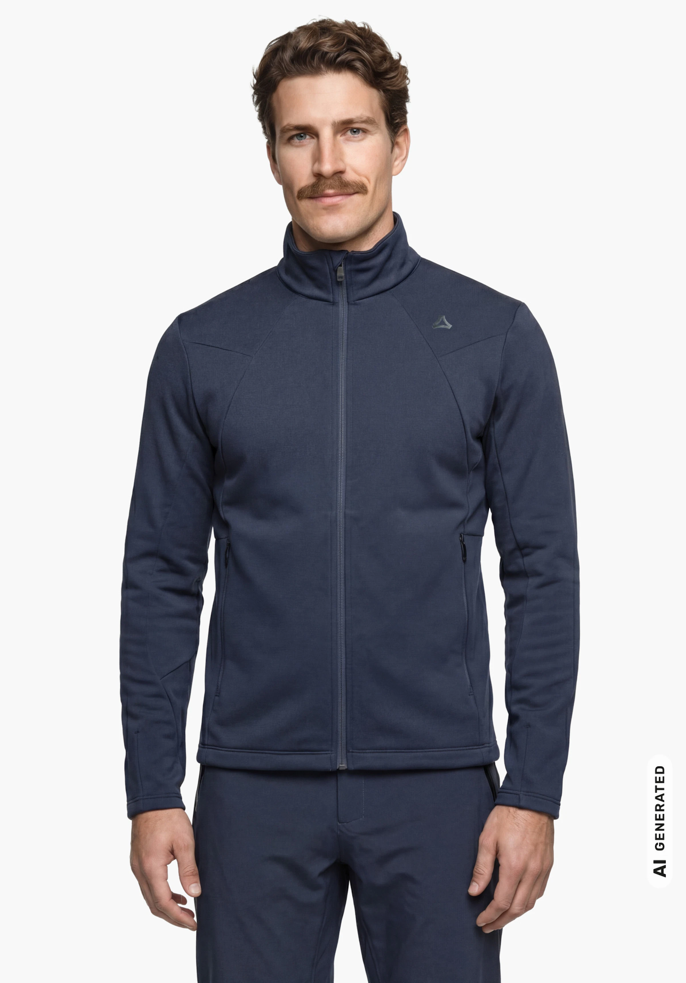 Fleece Jk Style Immerso MEN in blue with stand-up collar and Schöffel logo on the chest, worn by a male model standing upright and shown from the front against a white background. (AI-generated)