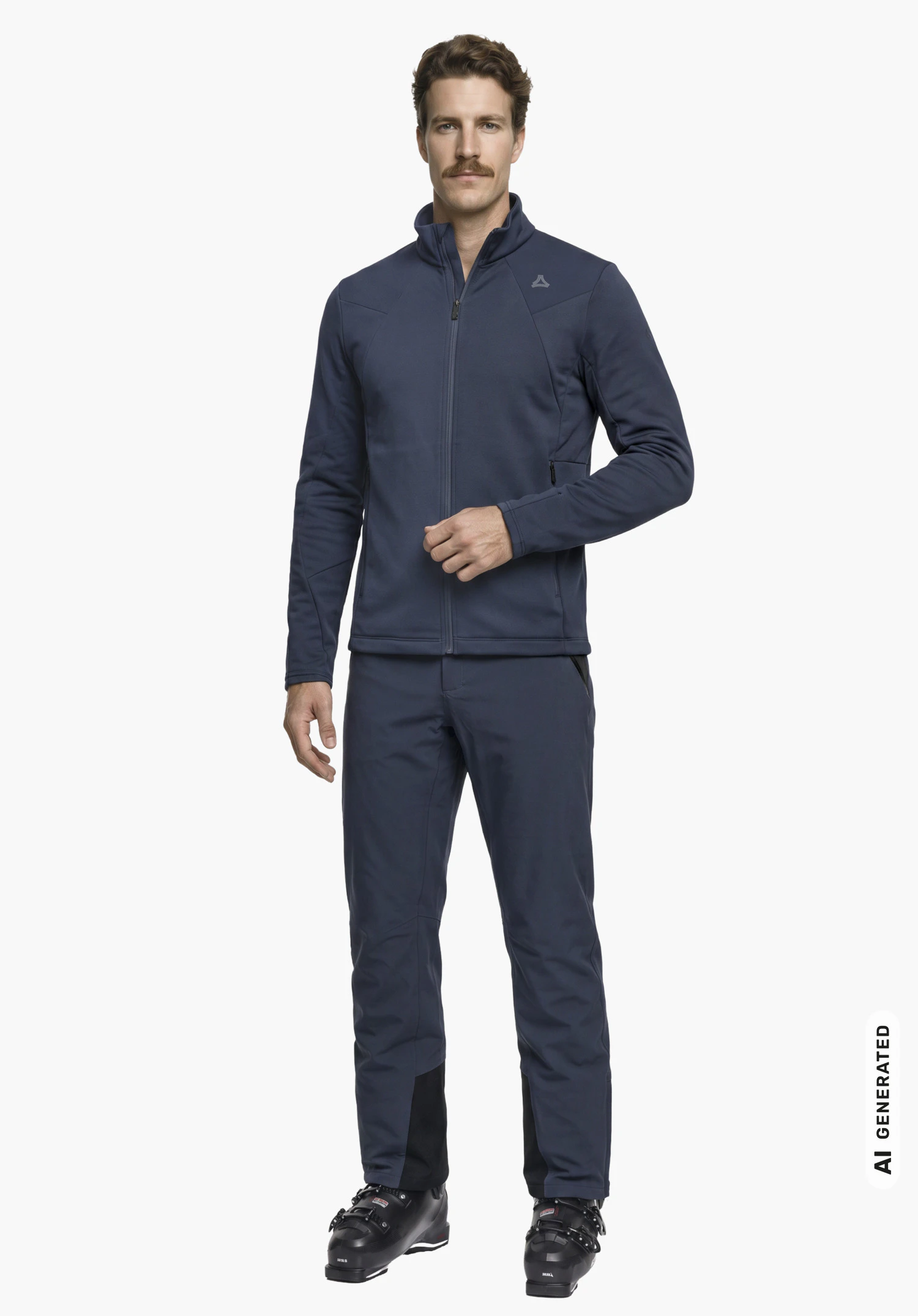 Fleece Jk Style Immerso MEN in blue with Schöffel logo, worn by a male model in a three-quarter or light side view with bent arms and a zipped jacket against a white background. (AI-generated)