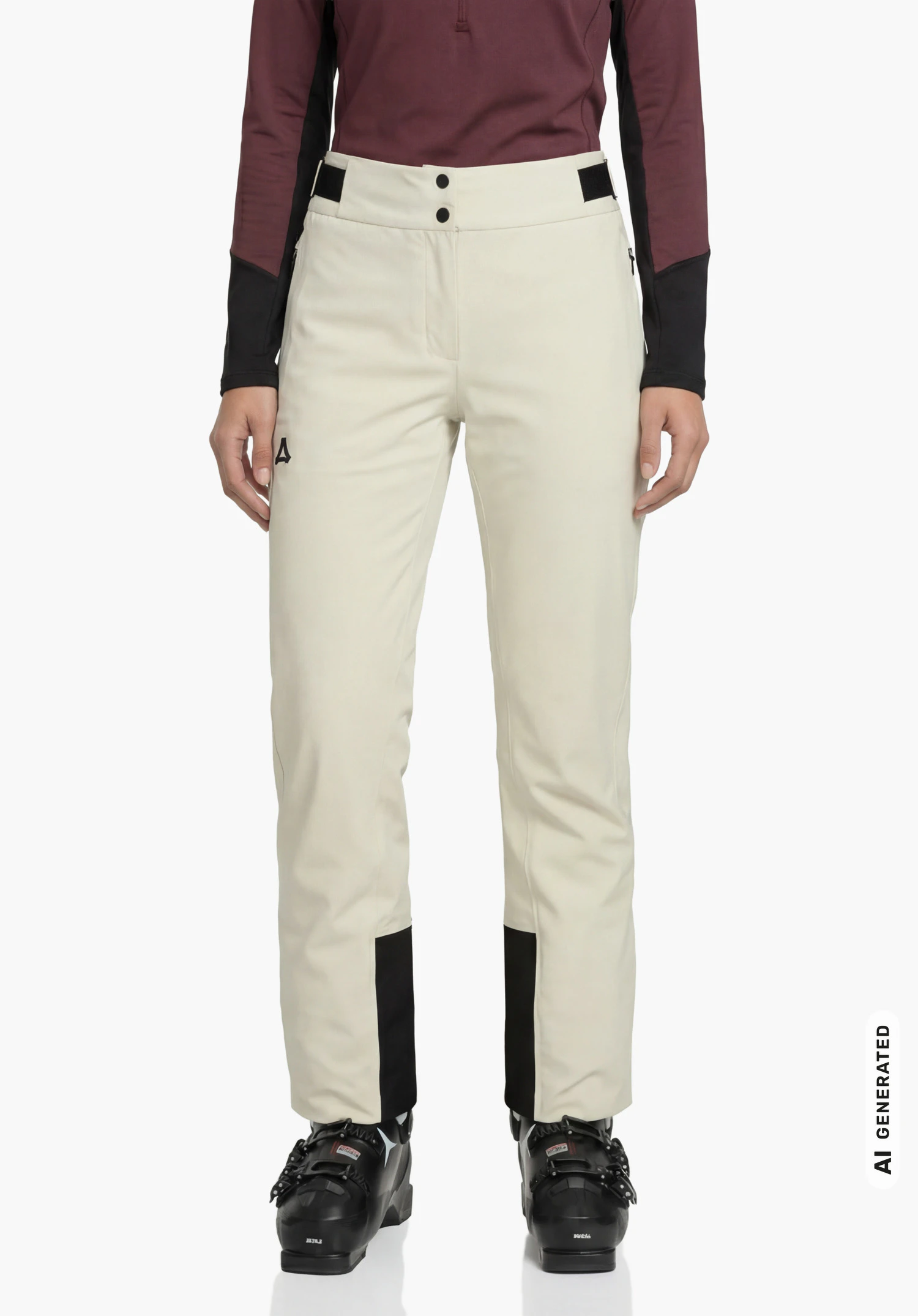 Pants Style Levivo WMN in natural colour, worn by a female model shown from the front standing upright with arms hanging down against a white background. (AI-generated)