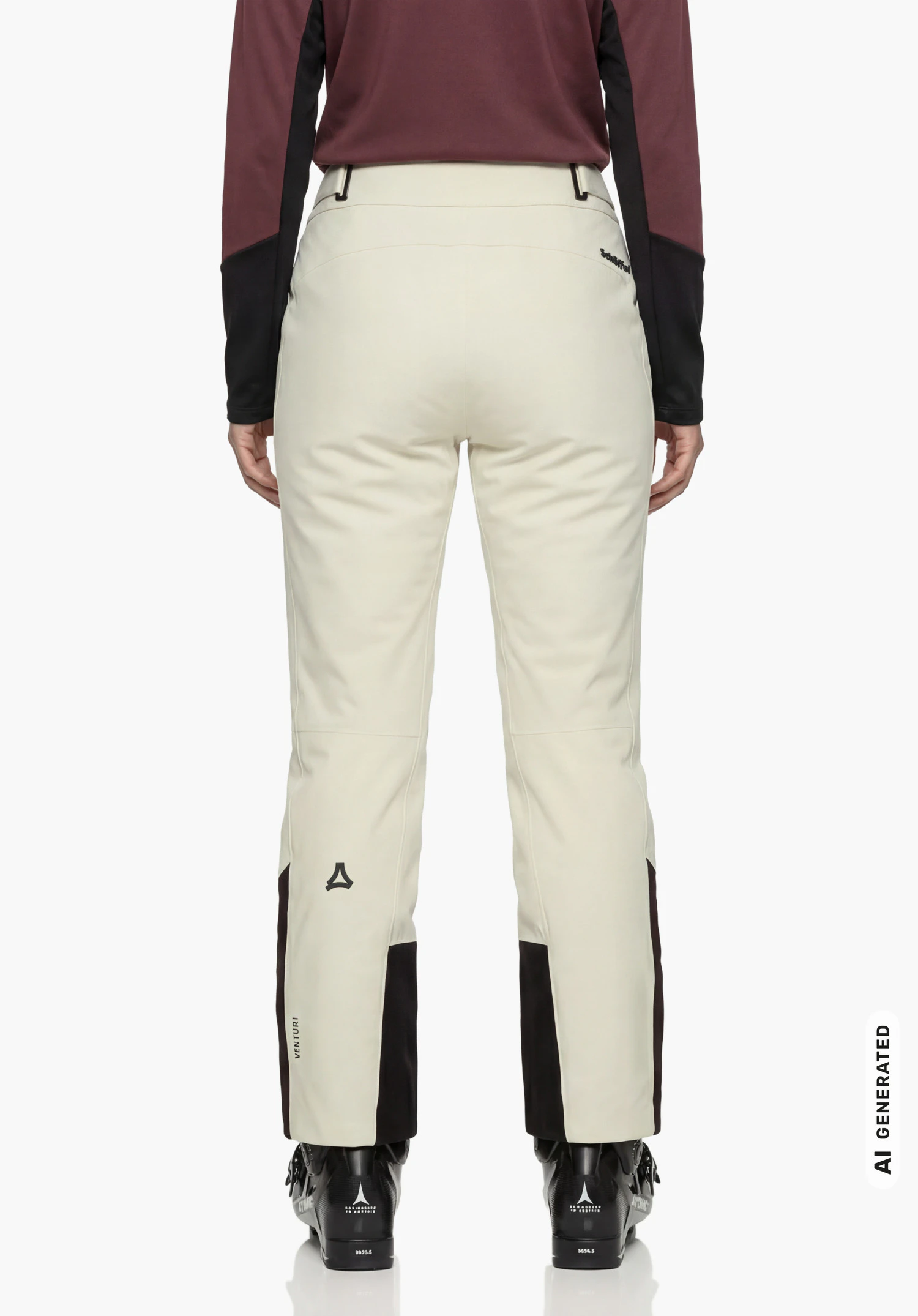 Pants Style Levivo WMN in naturel met zichtbaar Schöffel-opschrift en Schöffel-logo, gedragen door een vrouwelijk model dat rechtop staat en van achteren wordt getoond met skischoenen tegen een witte achtergrond. (AI-gegenereerd)