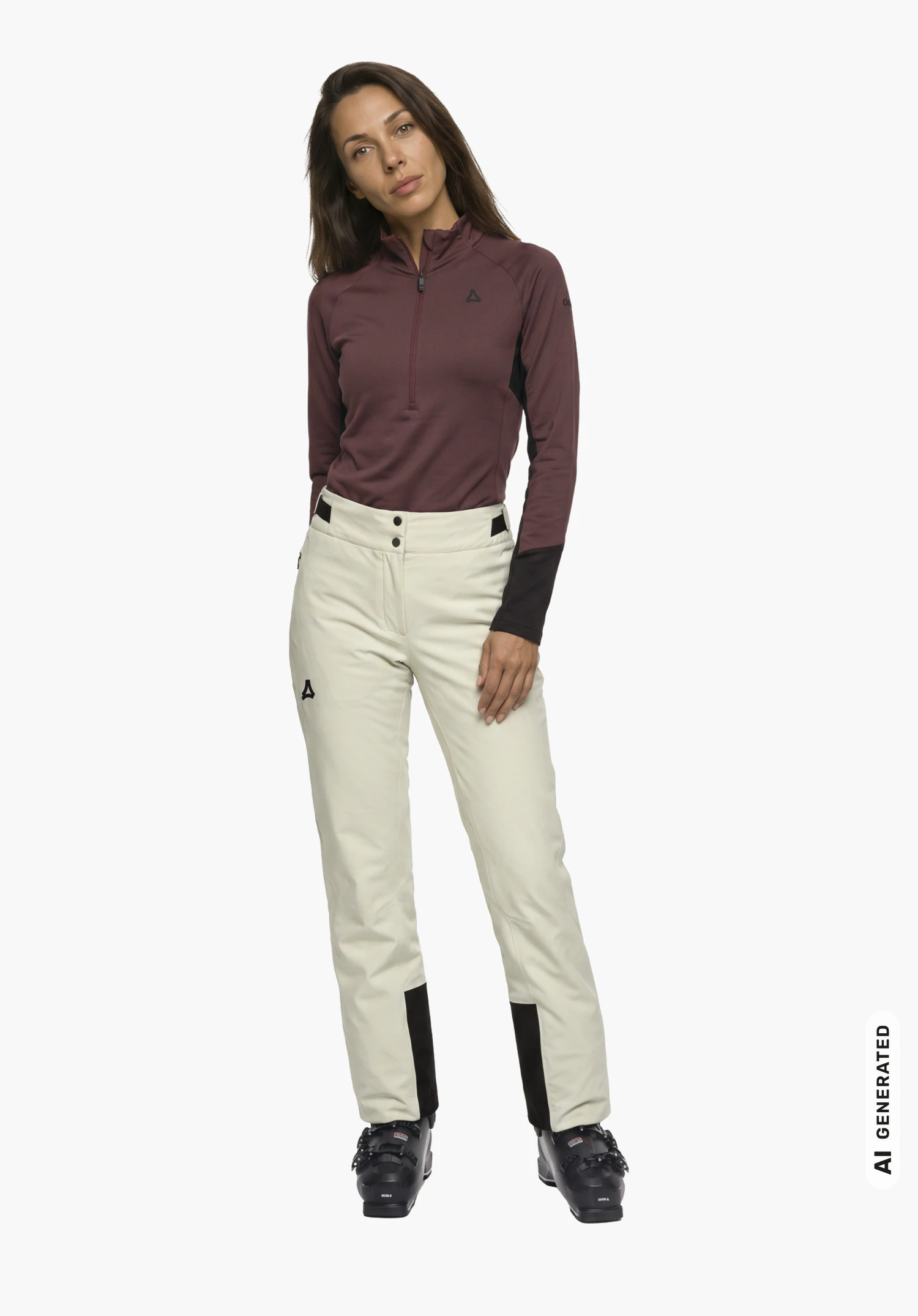 Pants Style Levivo WMN in naturel, gedragen door een vrouwelijk model in zijaanzicht, rechtop staand en met ontspannen armen, tegen een witte achtergrond. (AI-gegenereerd)