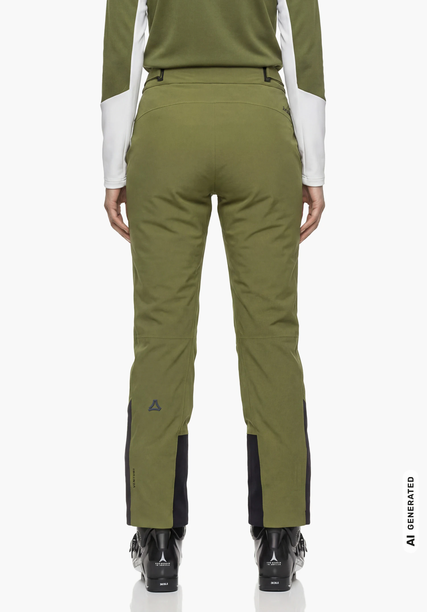 Pants Style Levivo WMN in groen met Schöffel-logo, gedragen door een vrouwelijk model dat rechtop staat en van achteren wordt getoond met ontspannen armen tegen een witte achtergrond. (AI-gegenereerd)