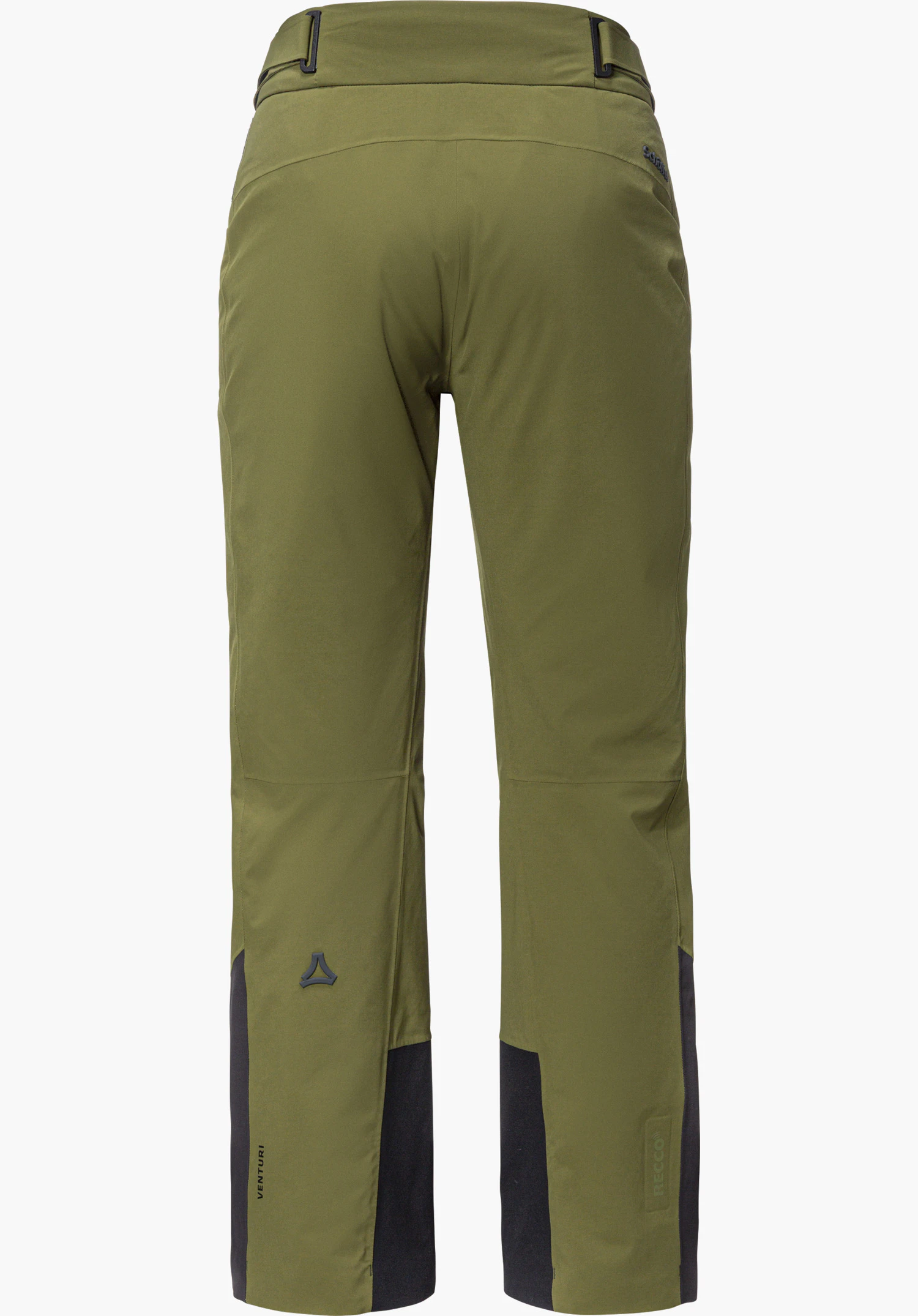 Pants Style Levivo WMN skibroek in groen, achteraanzicht met zichtbaar Schöffel-opschrift en Schöffel-logo, vrijstaand tegen een witte achtergrond.