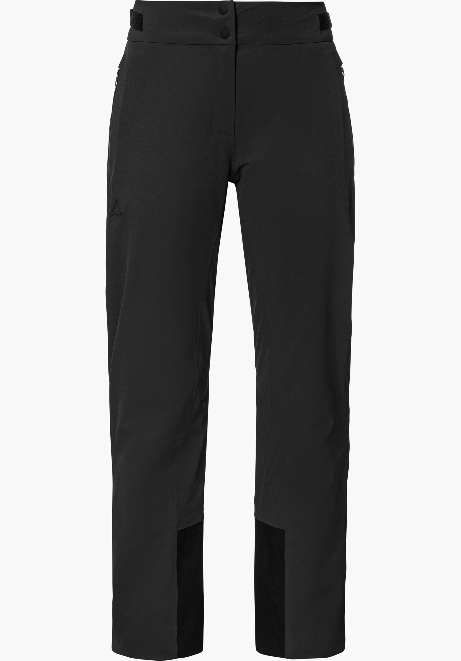 Pants Style Levivo WMN ski trousers in black, shown from the front with Schöffel logo, isolated on a white background.