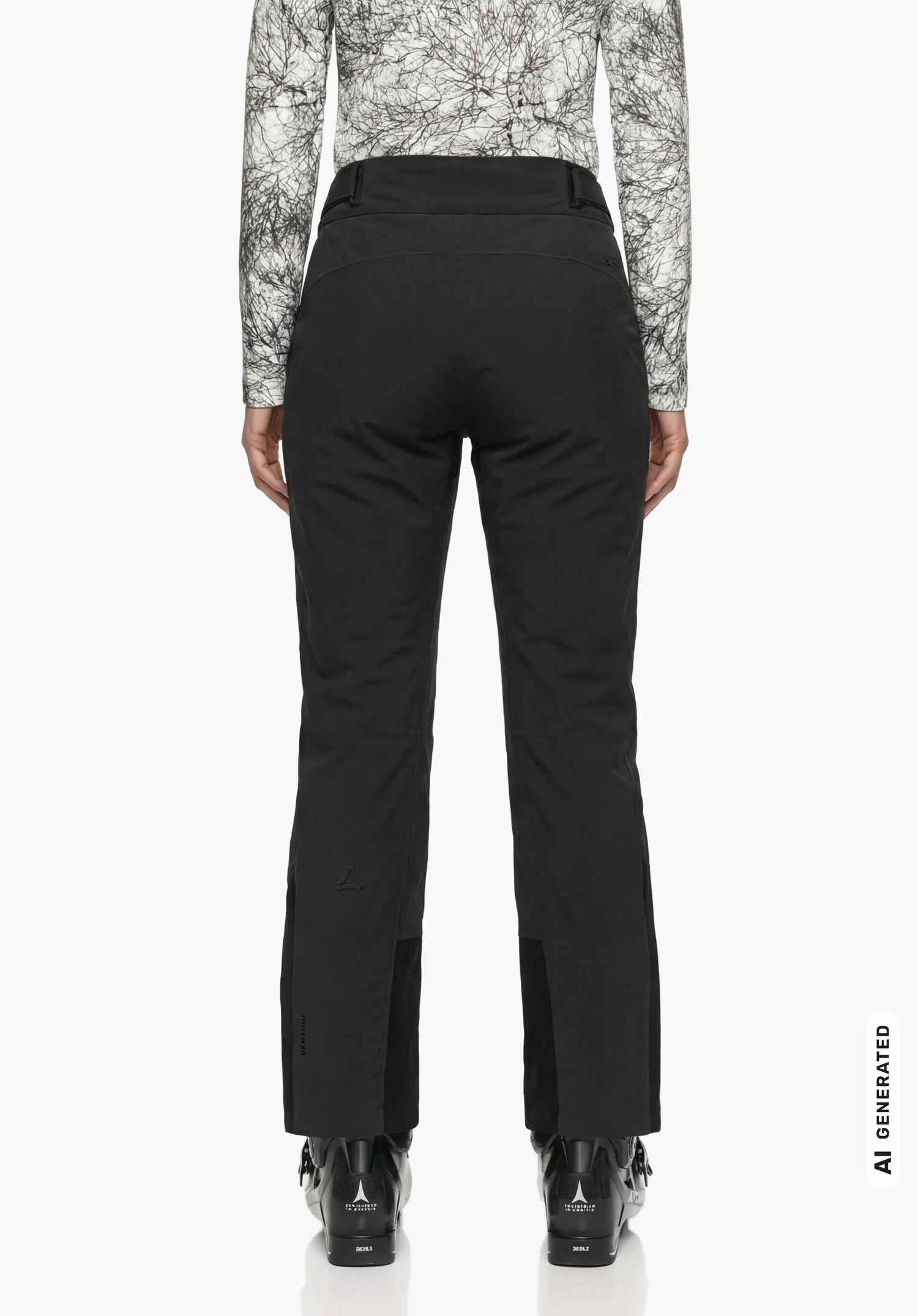 Pants Style Levivo WMN in zwart, gedragen door een vrouwelijk model dat rechtop staat en van achteren wordt getoond met skischoenen tegen een witte achtergrond. (AI-gegenereerd)