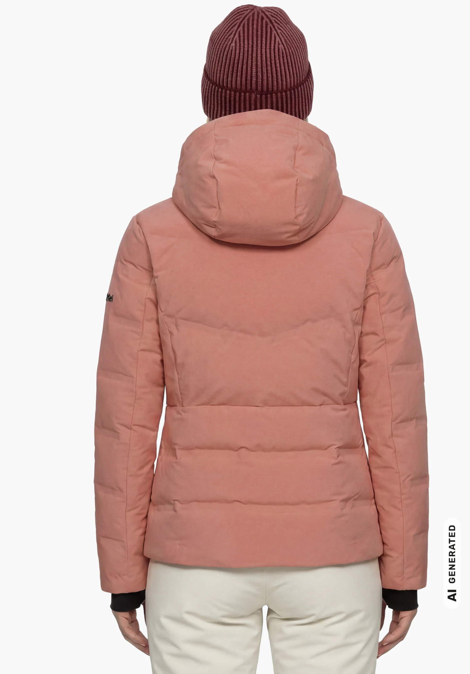 Jacket Style Caldirola WMN en rose, porté par un modèle féminin debout et vu de dos avec la capuche relevée sur fond blanc. (Généré par IA)