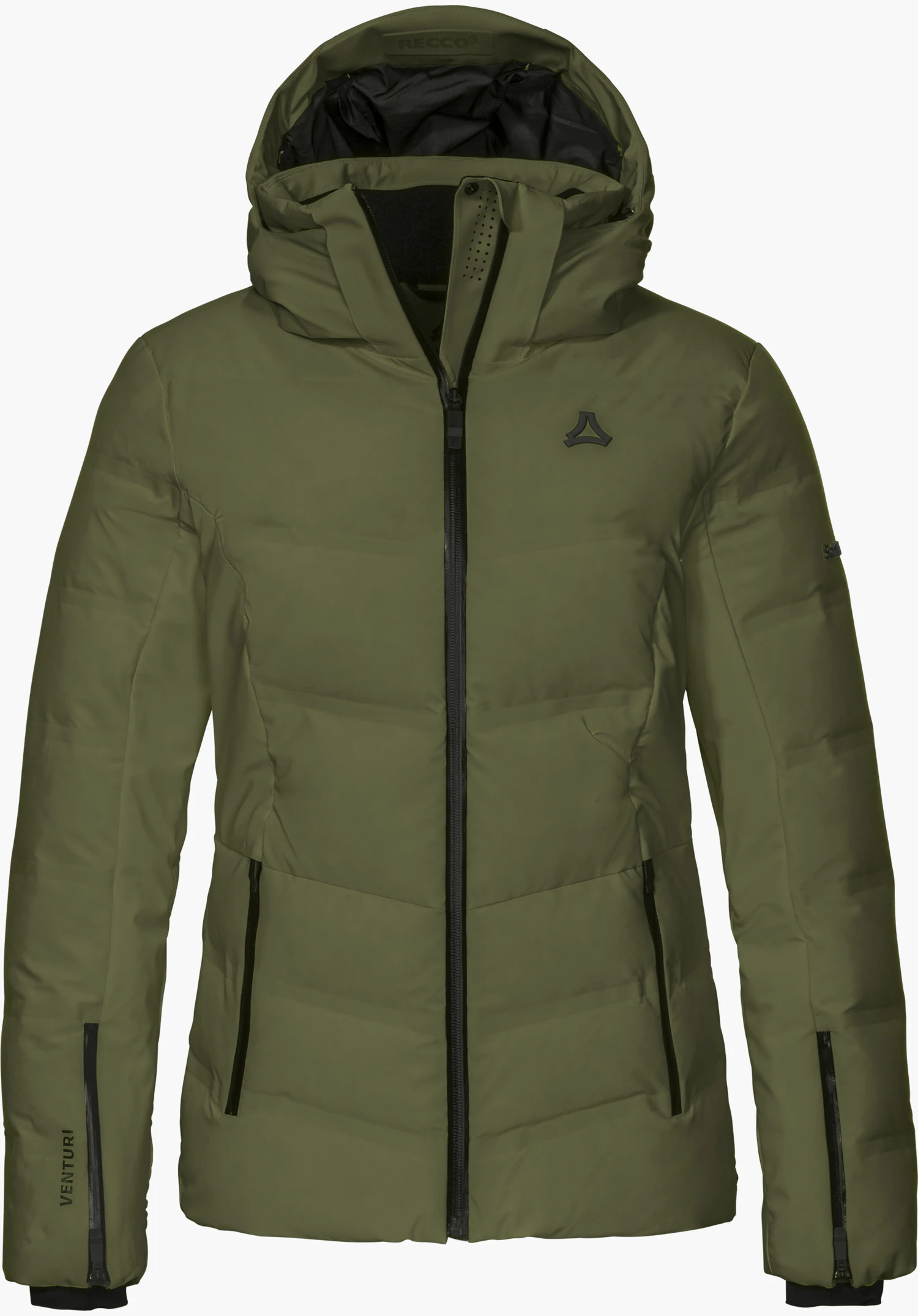 Jacket Style Caldirola WMN down ski jacket in green, shown from the front with hood, full-length zipper and black Schöffel logo, isolated on a white background.