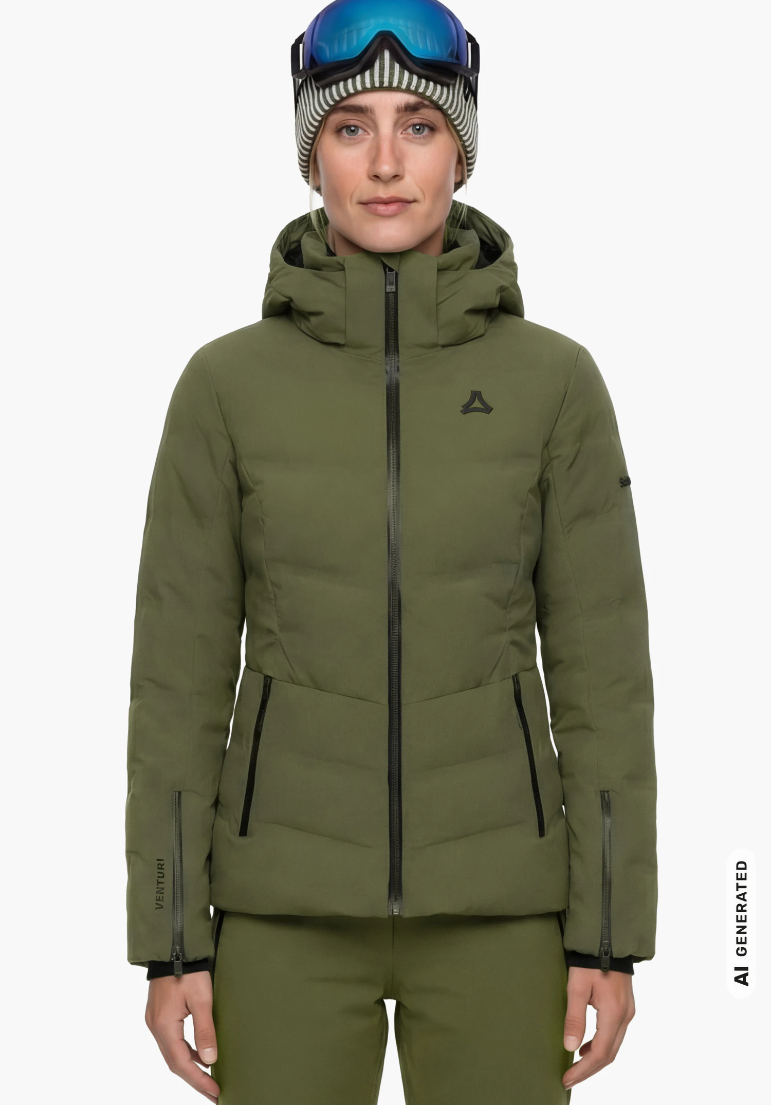 Jacket Style Caldirola WMN in green with Schöffel logo on the chest, worn by a female model with ski goggles and a beanie, standing upright and shown from the front against a white background. (AI-generated)
