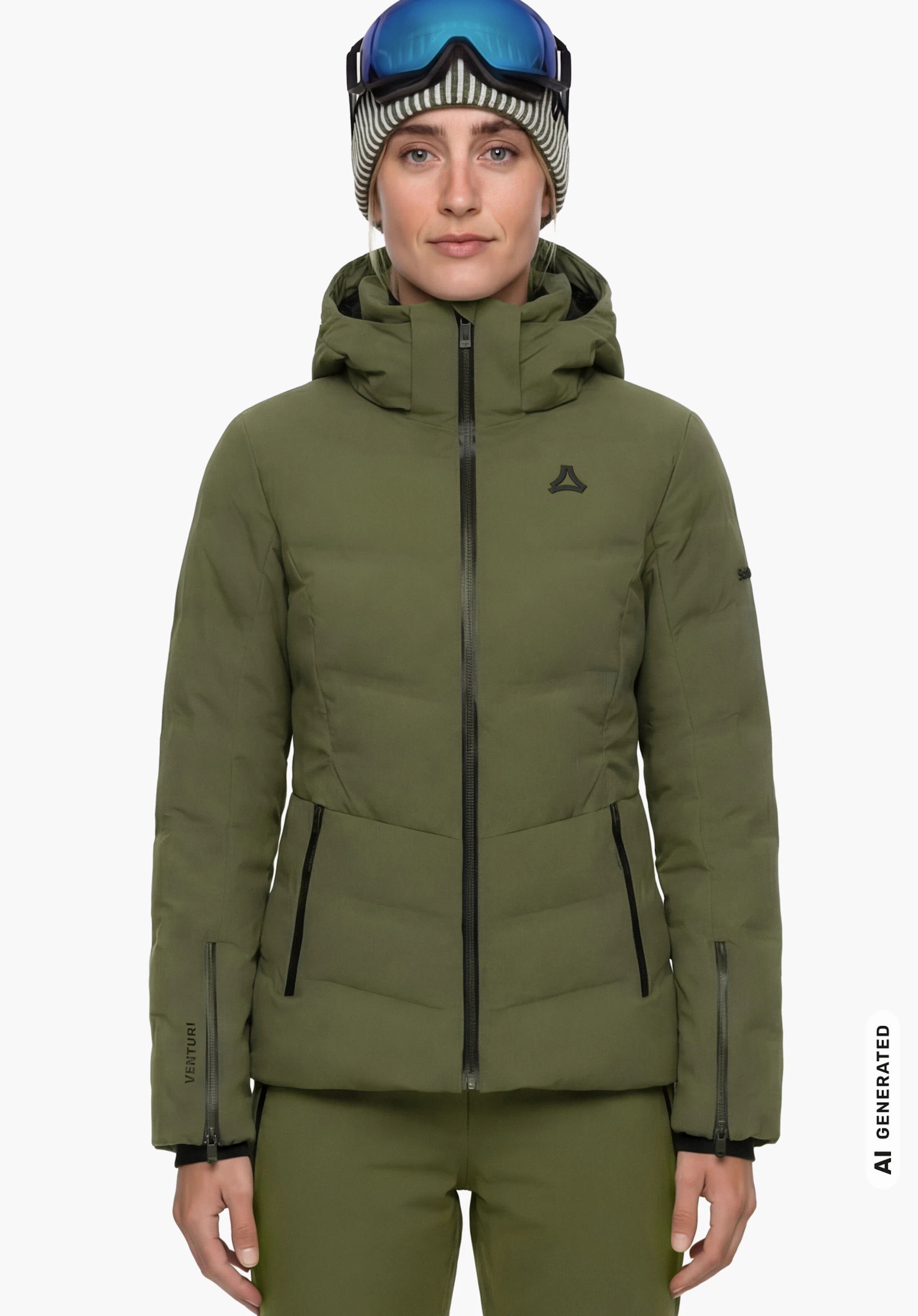 Jacket Style Caldirola WMN en vert avec logo Schöffel sur la poitrine, porté par un modèle féminin avec masque de ski et bonnet, debout et vu de face sur fond blanc. (Généré par IA)