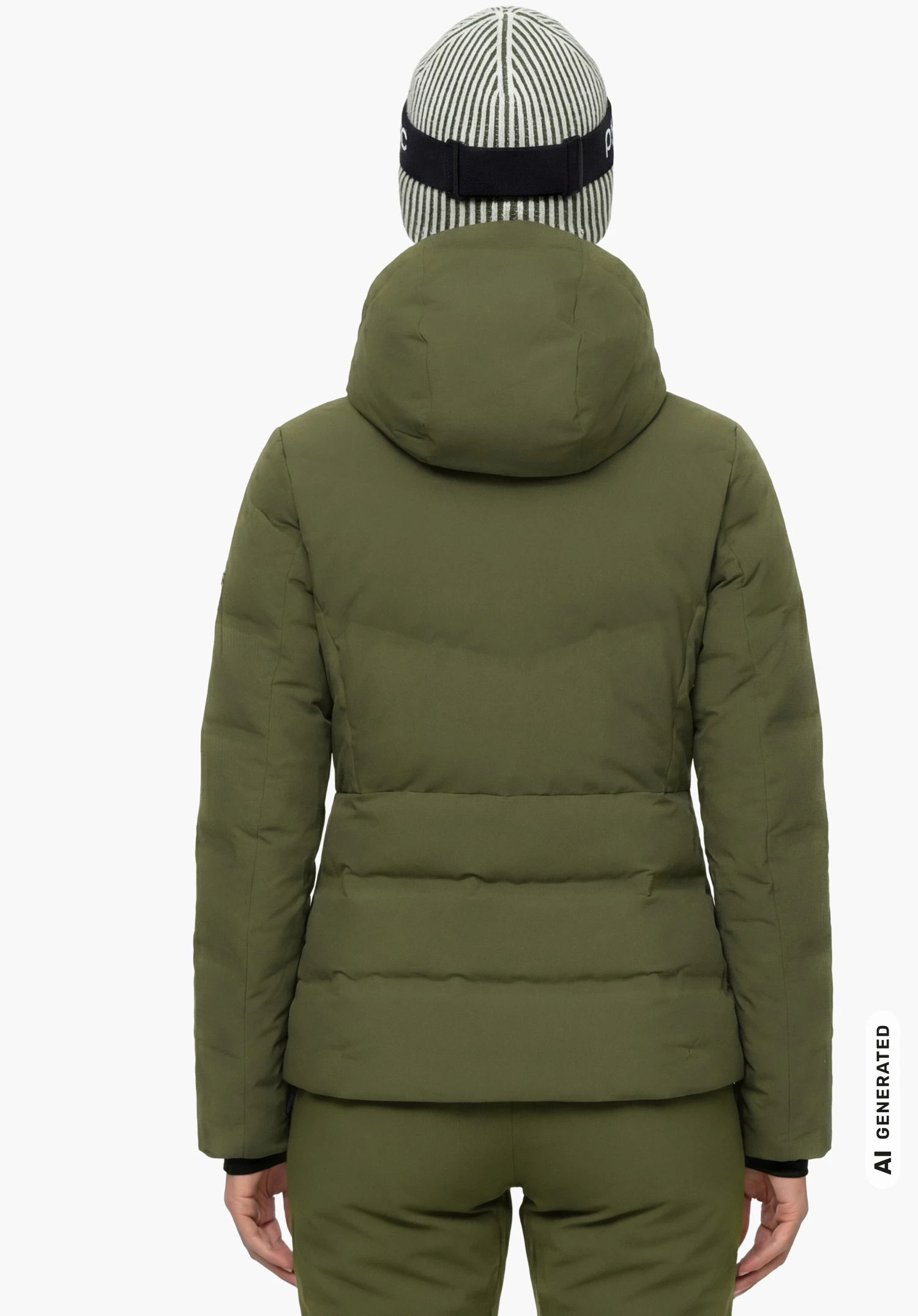 Jacket Style Caldirola WMN en vert, porté par un modèle féminin debout et vu de dos avec la capuche relevée sur fond blanc. (Généré par IA)