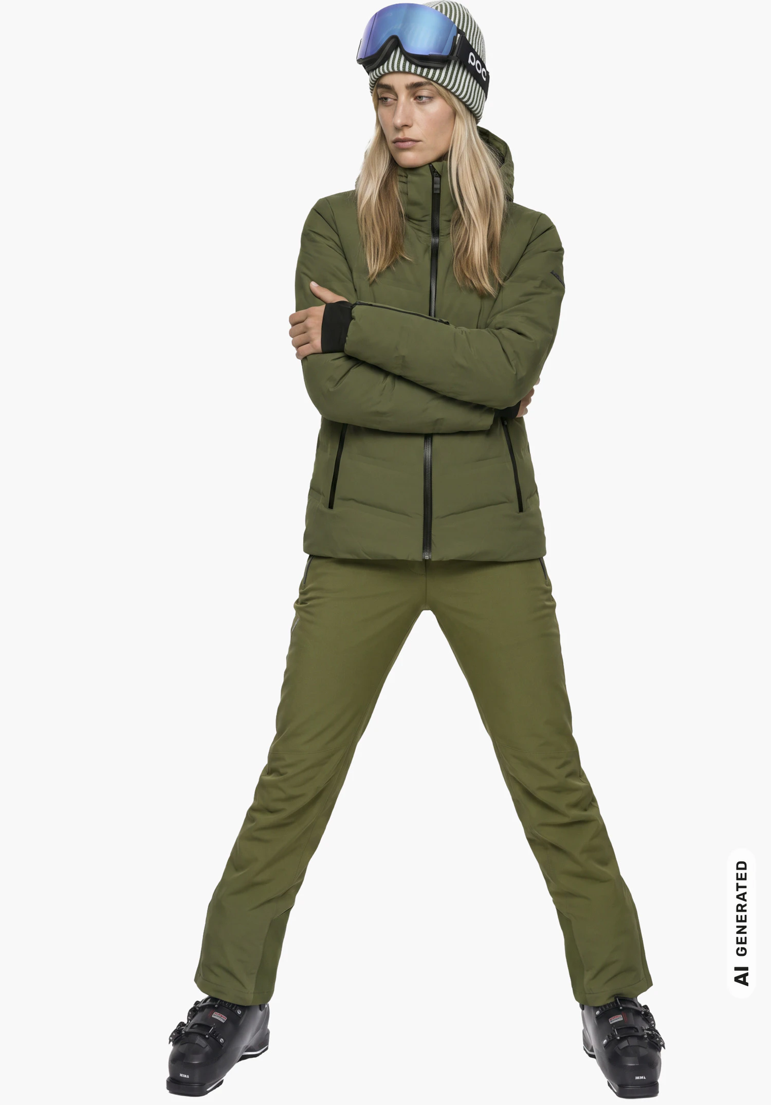 Jacket Style Caldirola WMN en vert, porté par un mannequin femme les bras croisés en vue de profil légèrement sur fond blanc. (Généré par IA)