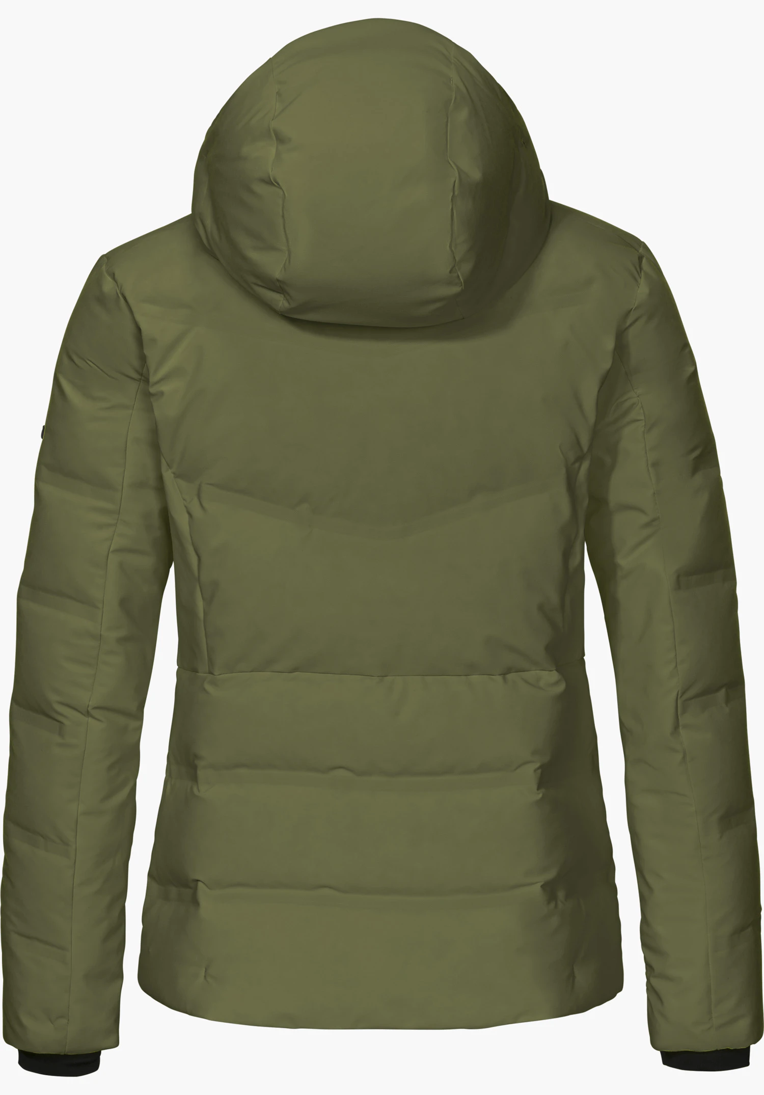 Jacket Style Caldirola WMN, doudoune de ski en coloris vert, vue de dos avec capuche, détourée sur fond blanc.
