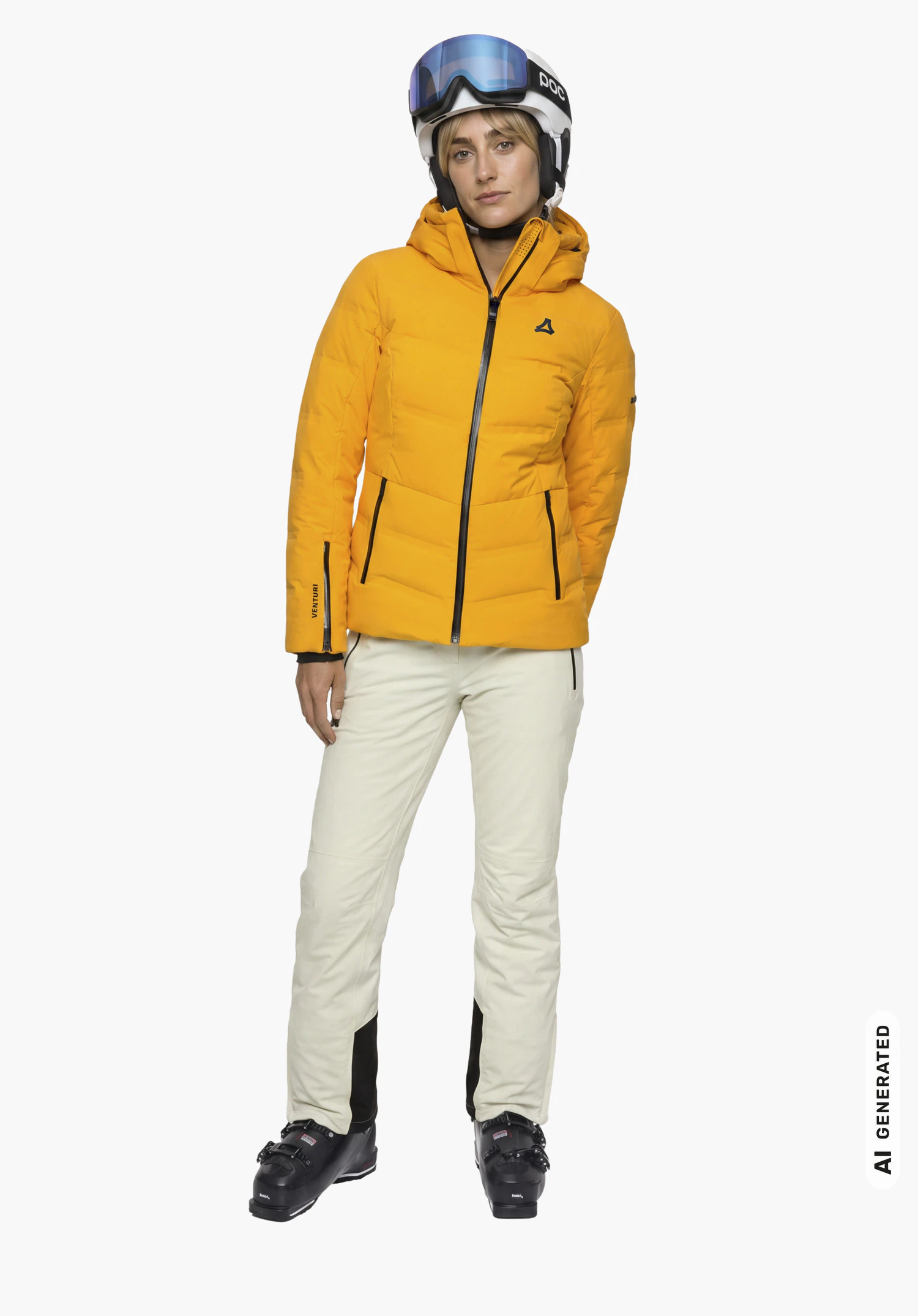 Jacket Style Caldirola WMN en jaune avec logo Schöffel, porté par un mannequin femme en légère vue de côté avec les mains derrière le dos sur fond blanc. (Généré par IA)