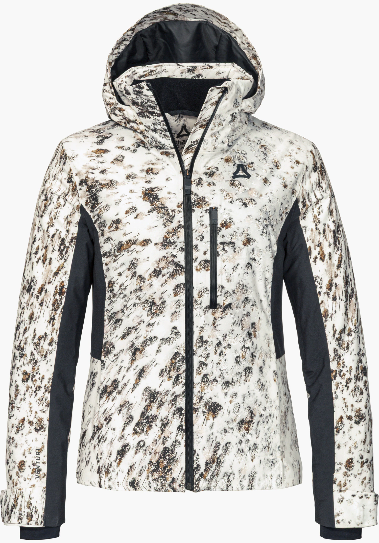Schöffel X Tom Hegen JK WMN ski jacket in natural colour, shown from the front with hood, black front zipper, contrasting black side inserts and black Schöffel logo on the chest, isolated on a white background.