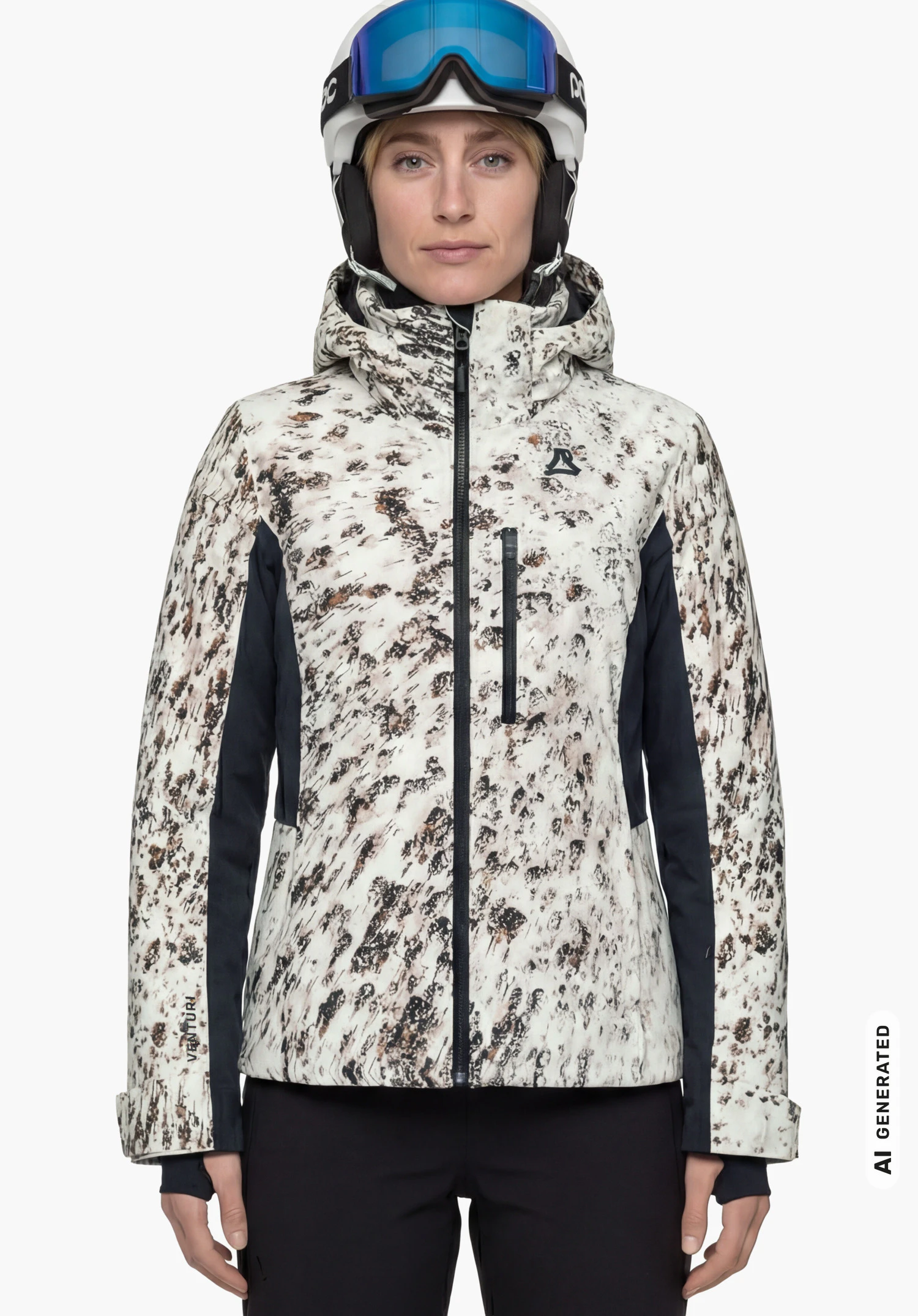 Schöffel X Tom Hegen JK WMN in natural colour with Schöffel logo on the chest, worn by a female model shown from the front standing upright against a white background. (AI-generated)
