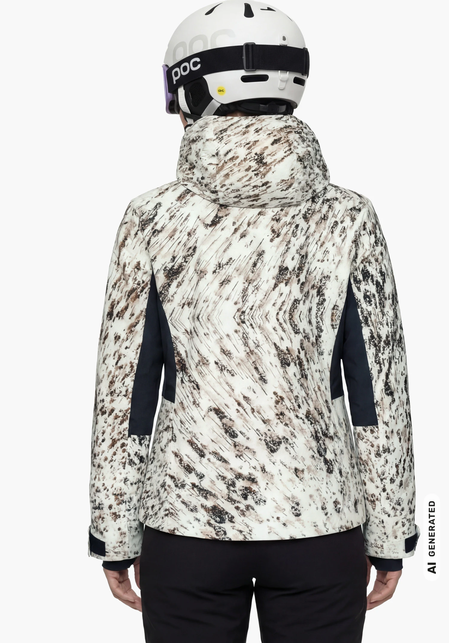 Schöffel X Tom Hegen JK WMN en couleur naturelle, porté par un modèle féminin debout et vu de dos avec un casque et un masque de ski sur fond blanc. (Généré par IA)