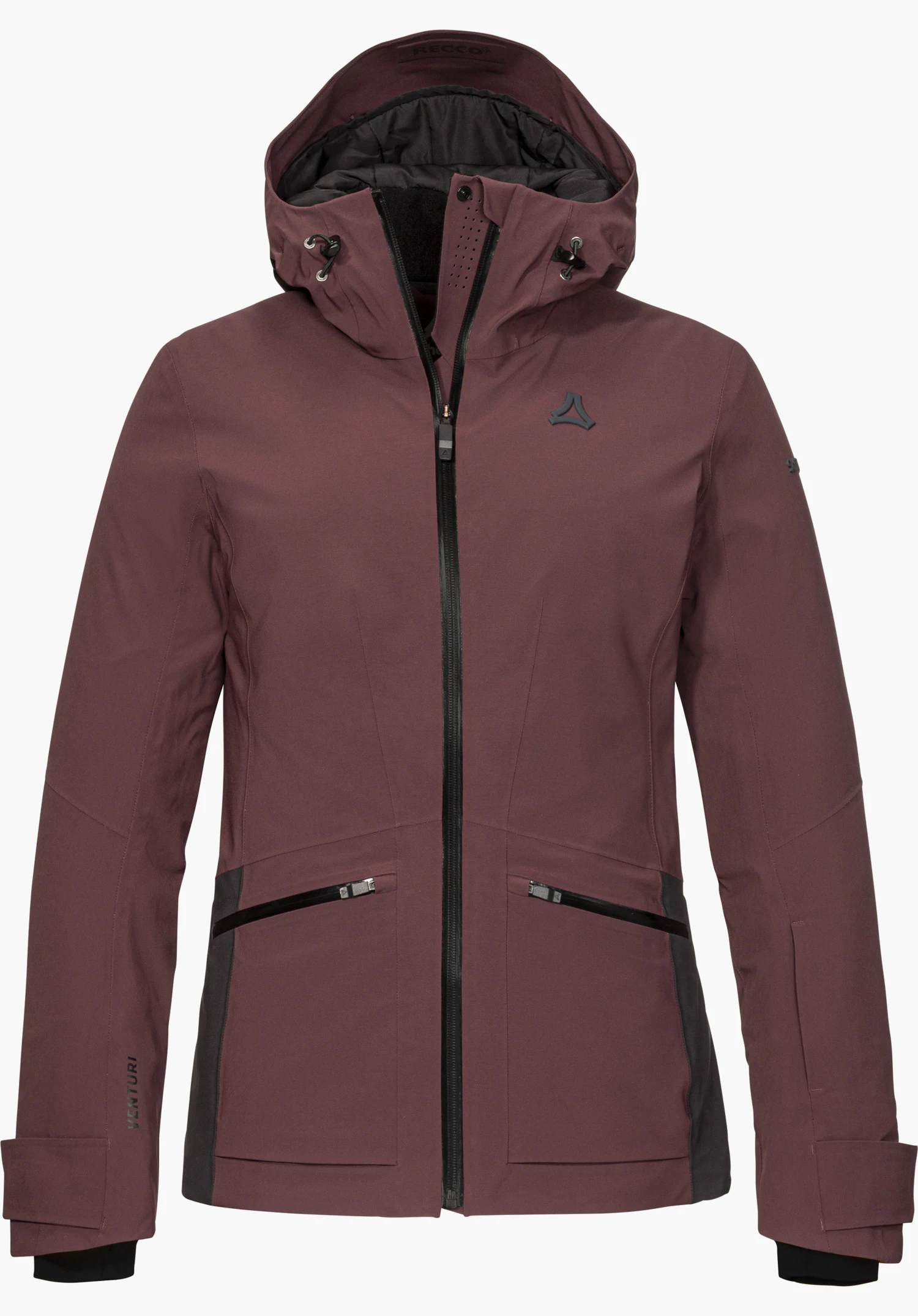 Jacket Style Levivo WMN Skijacke in lila mit Kapuze, Frontreißverschluss und Schöffel-Logo in Frontansicht freigestellt vor weißem Hintergrund.