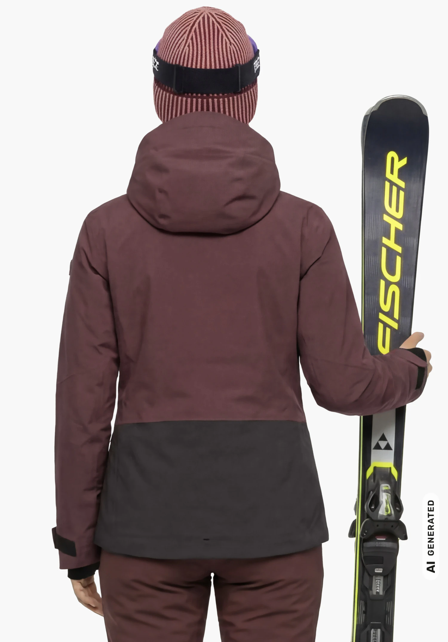 Jacket Style Levivo WMN en violet avec capuche, porté par un modèle féminin vu de dos tenant des skis sur fond blanc. (Généré par IA)