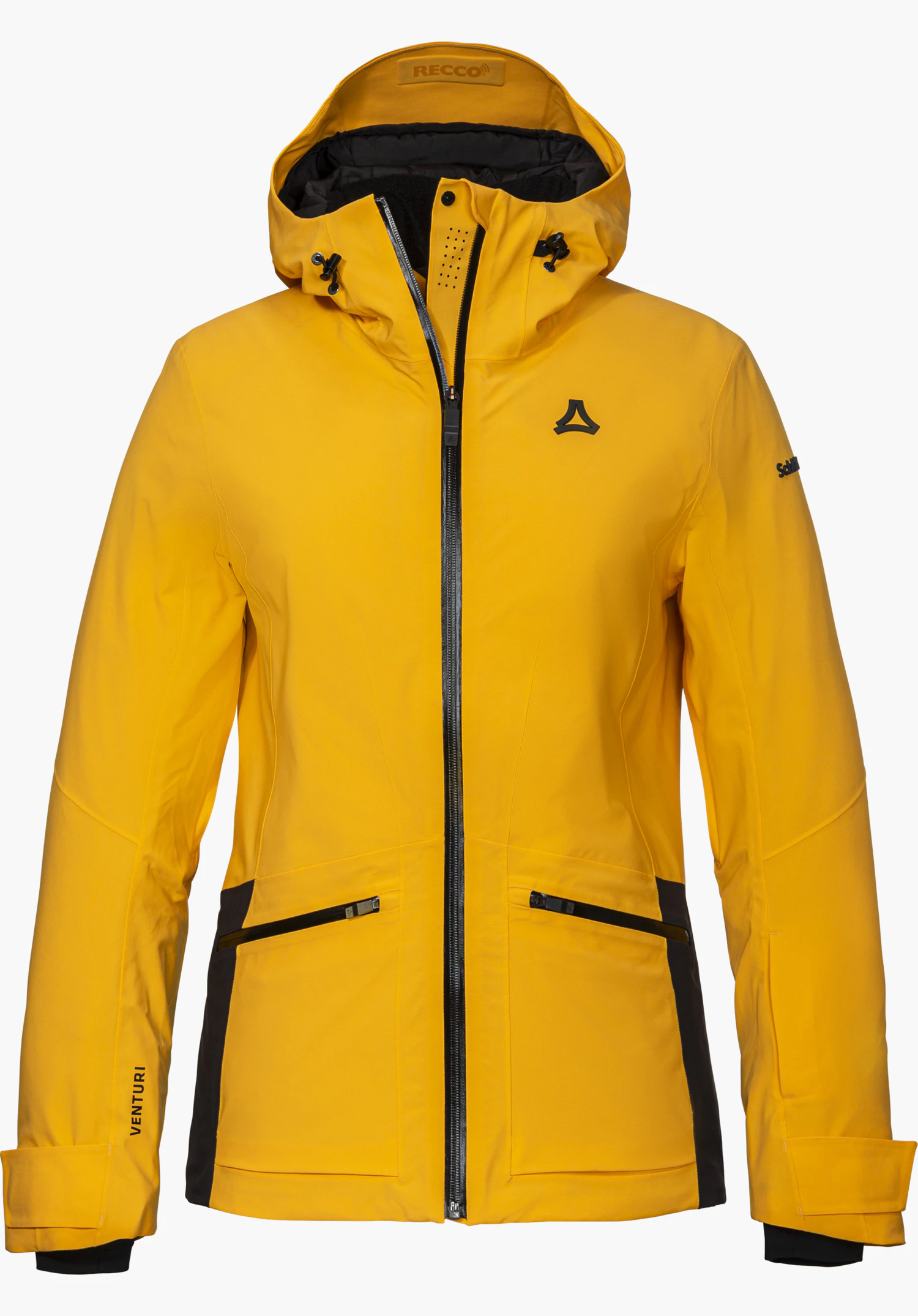 Jacket Style Levivo WMN Skijacke in gelb mit Kapuze, Frontreißverschluss und schwarzem Schöffel-Logo in Frontansicht freigestellt vor weißem Hintergrund.