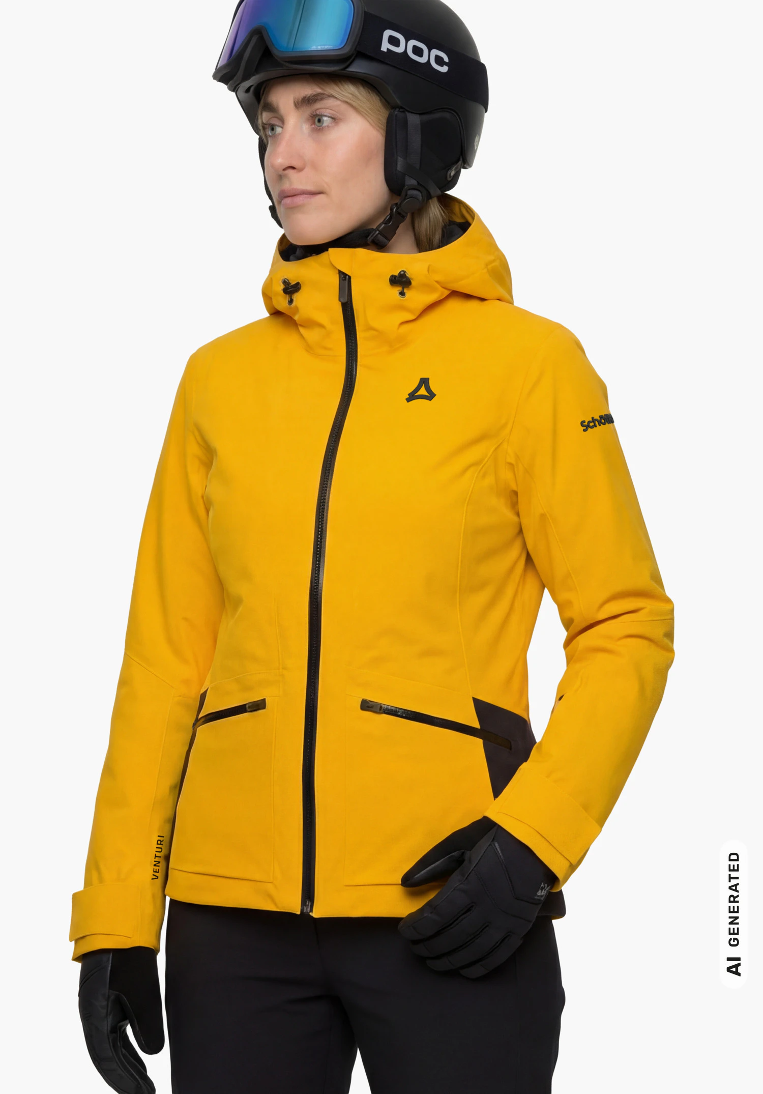 Jacket Style Levivo WMN in yellow with Schöffel logo on the chest and Schöffel lettering on the arm, worn by a female model with ski helmet and ski goggles, shown from the front standing upright against a white background. (AI-generated)