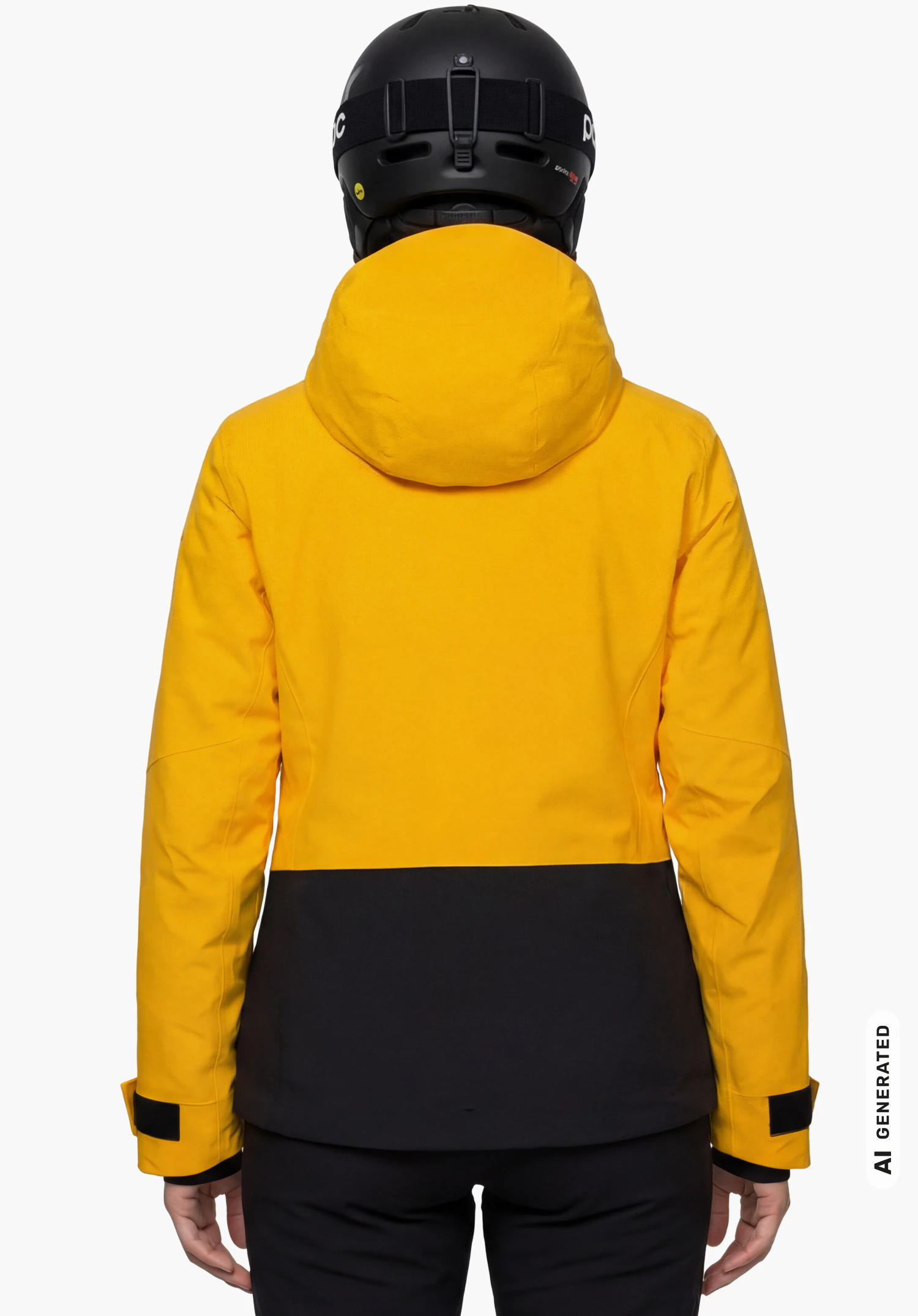 Jacket Style Levivo WMN en jaune avec capuche et casque, porté par un modèle féminin debout et vu de dos avec les bras le long du corps sur fond blanc. (Généré par IA)
