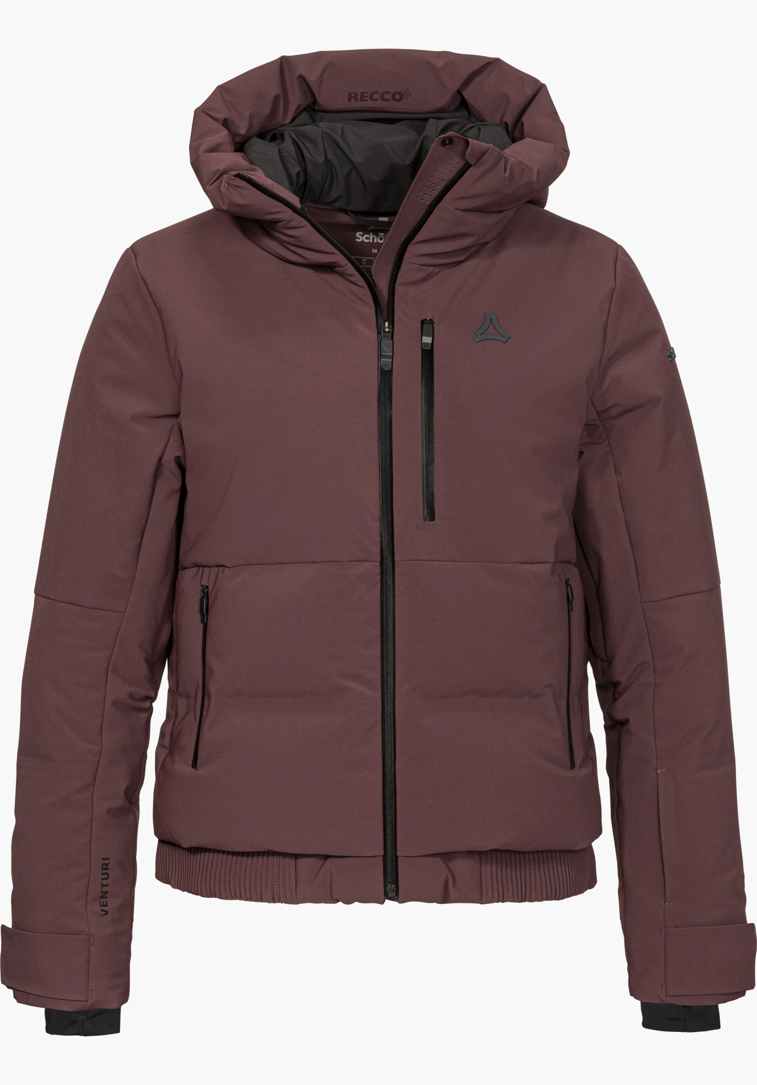 Jacket Style Radiana WMN ski jacket in purple with hood, zippered pockets and black Schöffel lettering on the inside, shown from the front and isolated on a white background.