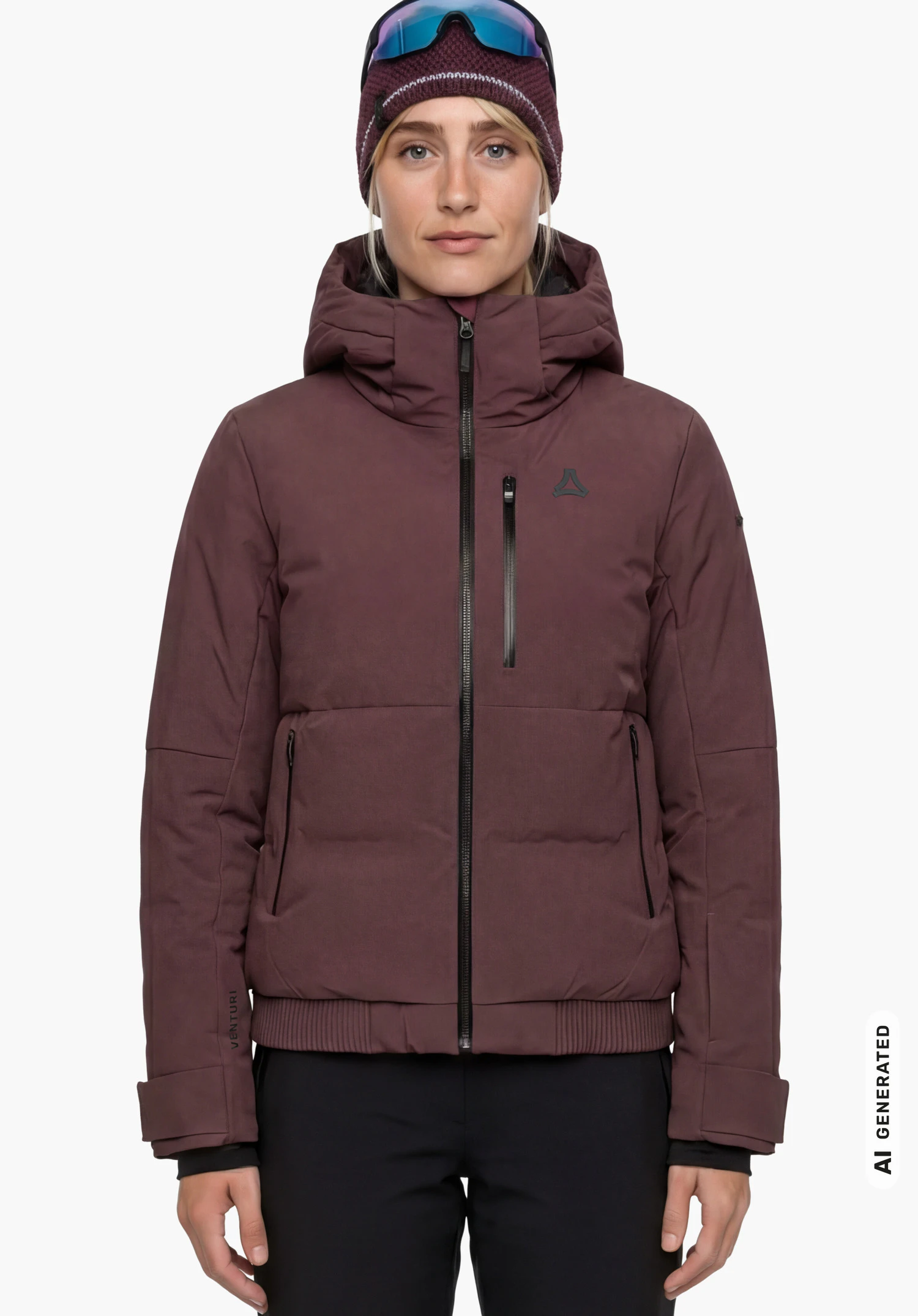 Jacket Style Radiana WMN in purple with Schöffel logo, worn by a female model standing upright with arms hanging down and shown from the front against a white background. (AI-generated)