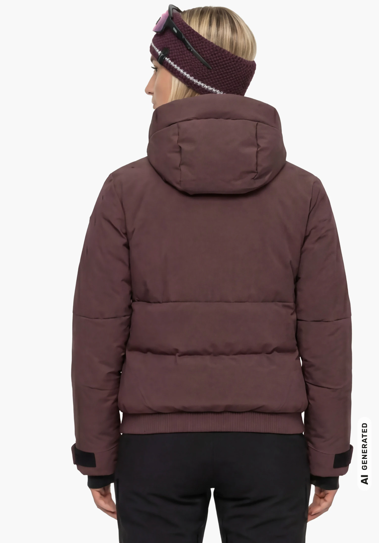 Jacket Style Radiana WMN en violet avec capuche, porté par un modèle féminin debout et vu de dos avec les bras le long du corps sur fond blanc. (Généré par IA)