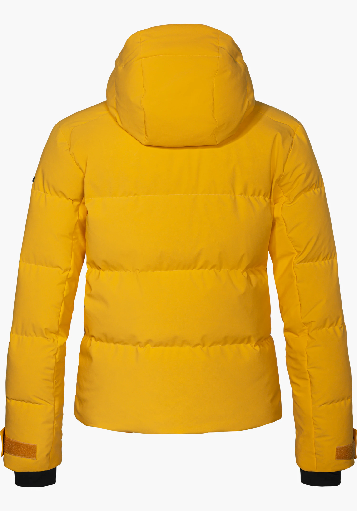 Jacket Style Lumineo WMN, doudoune jaune, vue de dos avec capuche, détourée sur fond blanc.
