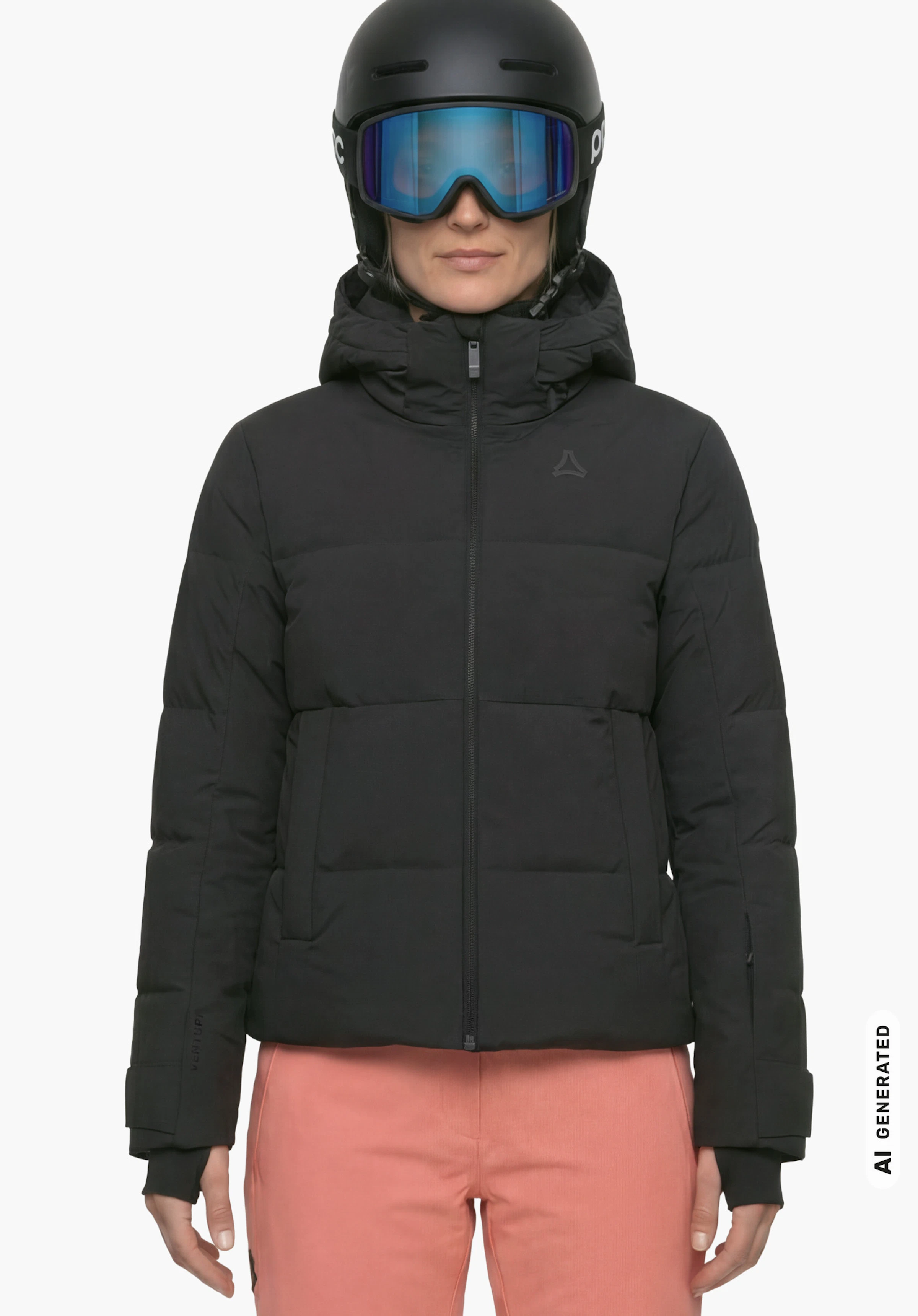 Jacket Style Lumineo WMN en noir avec logo Schöffel, porté par un modèle féminin avec casque de ski, masque de ski et capuche fermée, vu de face sur fond blanc. (Généré par IA)