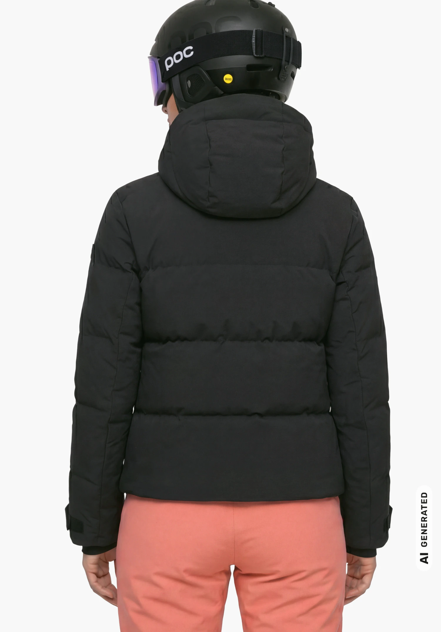 Jacket Style Lumineo WMN en noir avec capuche et masque de ski, porté par un modèle féminin vu de dos dans une posture détendue sur fond blanc. (Généré par IA)