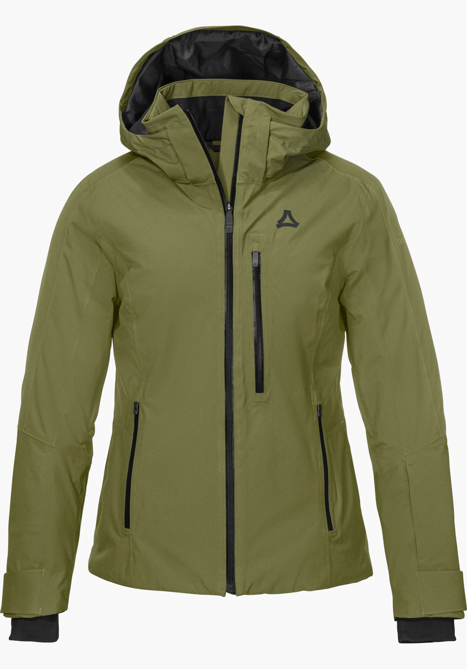 Jacket Style Trifex WMN Skijacke in grün mit Kapuze, Frontreißverschluss und Schöffel-Logo in Frontansicht freigestellt vor weißem Hintergrund.