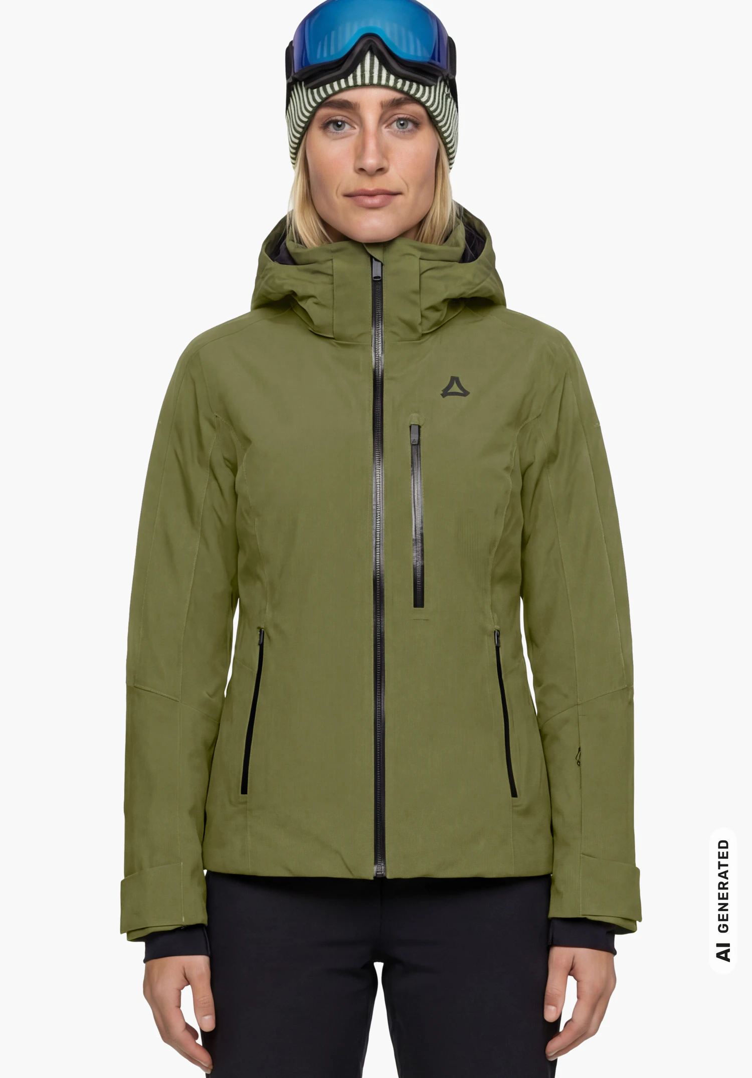 Jacket Style Trifex WMN in grün mit Schöffel-Logo, getragen von einem weiblichen Model in Frontansicht mit aufrechtem Stand und herabhängenden Armen vor weißem Hintergrund. (KI-generiert)