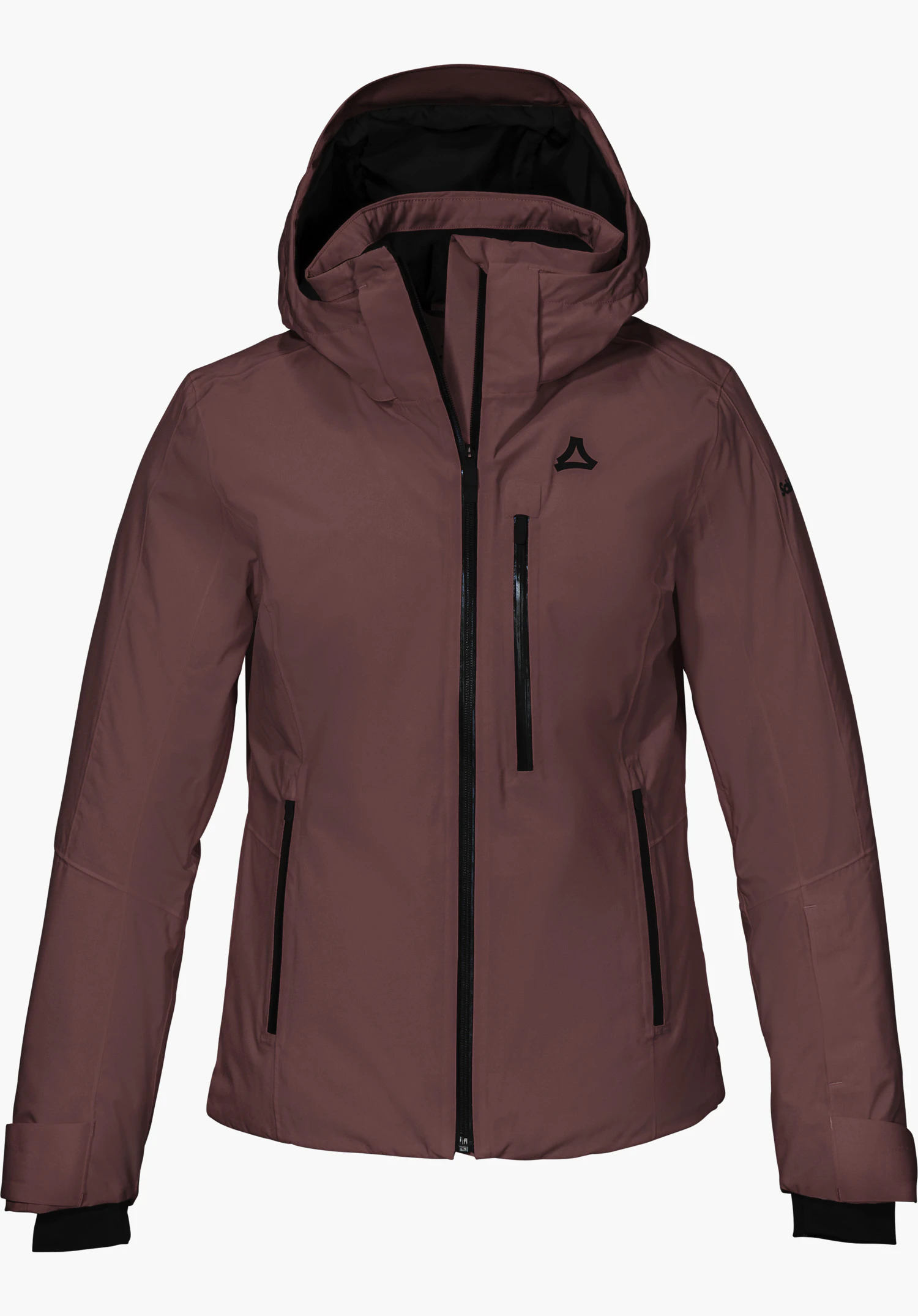Jacket Style Trifex WMN Skijacke in lila mit Kapuze, schwarzem Frontreißverschluss, praktischen Taschen und Schöffel-Logo in Frontansicht freigestellt vor weißem Hintergrund.