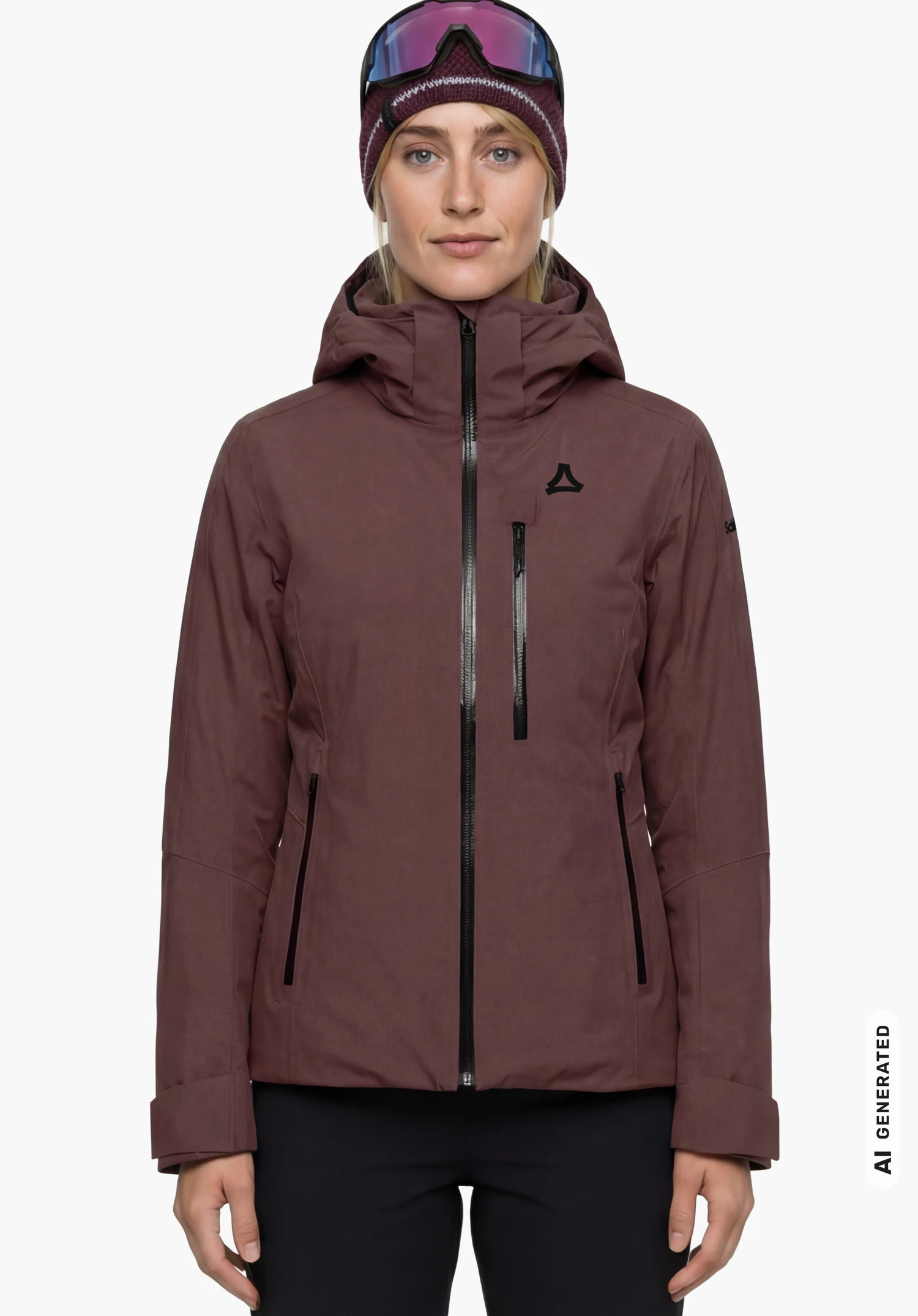 Jacket Style Trifex WMN in lila mit Schöffel-Logo auf der Brust, getragen von einem weiblichen Model in aufrechtem Stand mit herabhängenden Armen in Frontansicht vor weißem Hintergrund. (KI-generiert)