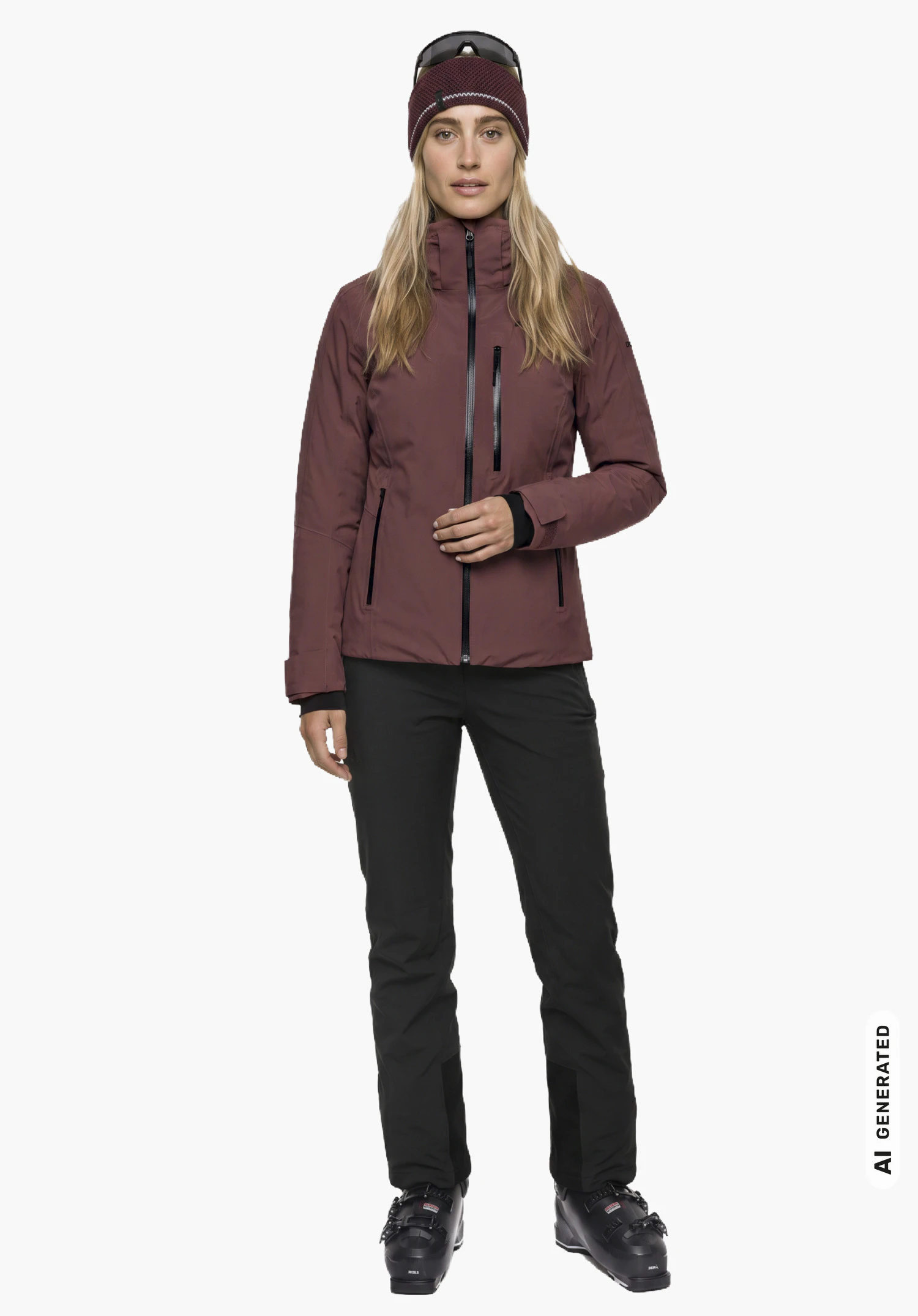 Jacket Style Trifex WMN en violet, porté par un mannequin femme dans une légère vue de profil avec une posture droite et une veste fermée sur fond neutre. (Généré par IA)