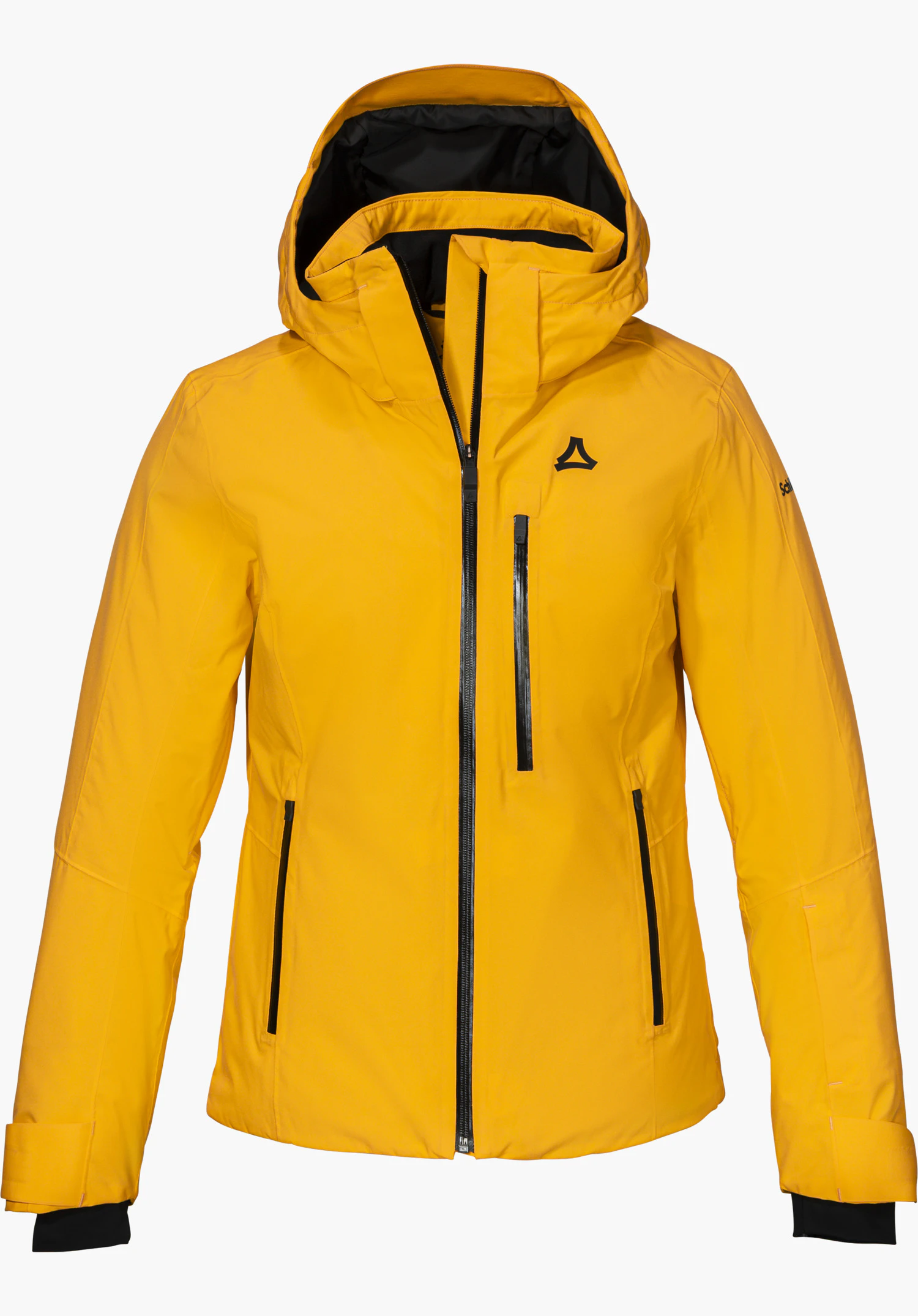 Jacket Style Trifex WMN Skijacke in gelb mit Kapuze, schwarzem Frontreißverschluss und Schöffel-Logo in Frontansicht freigestellt vor weißem Hintergrund.