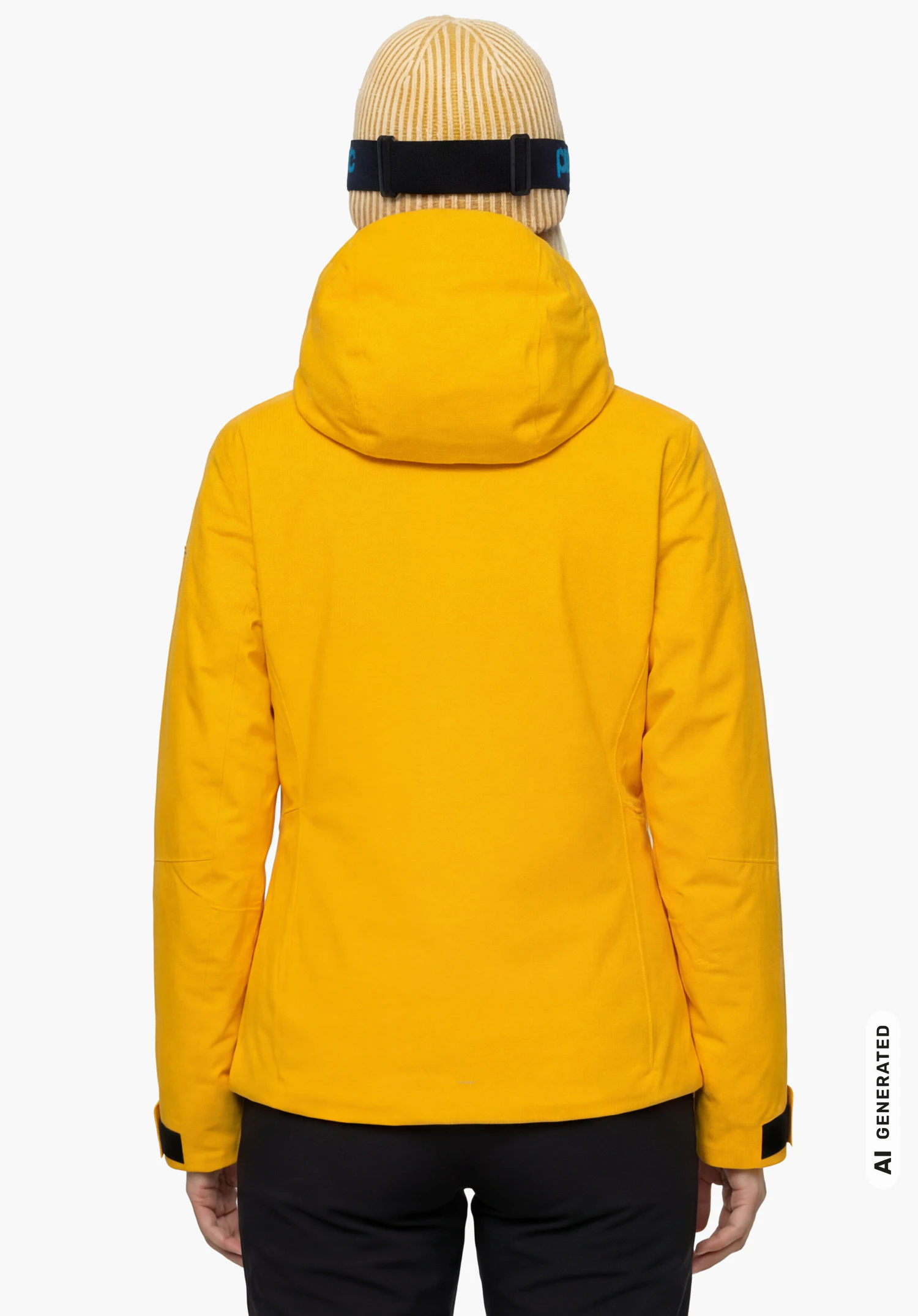Jacket Style Trifex WMN en jaune avec capuche, porté par un modèle féminin debout et vu de dos avec les bras le long du corps sur fond blanc. (Généré par IA)