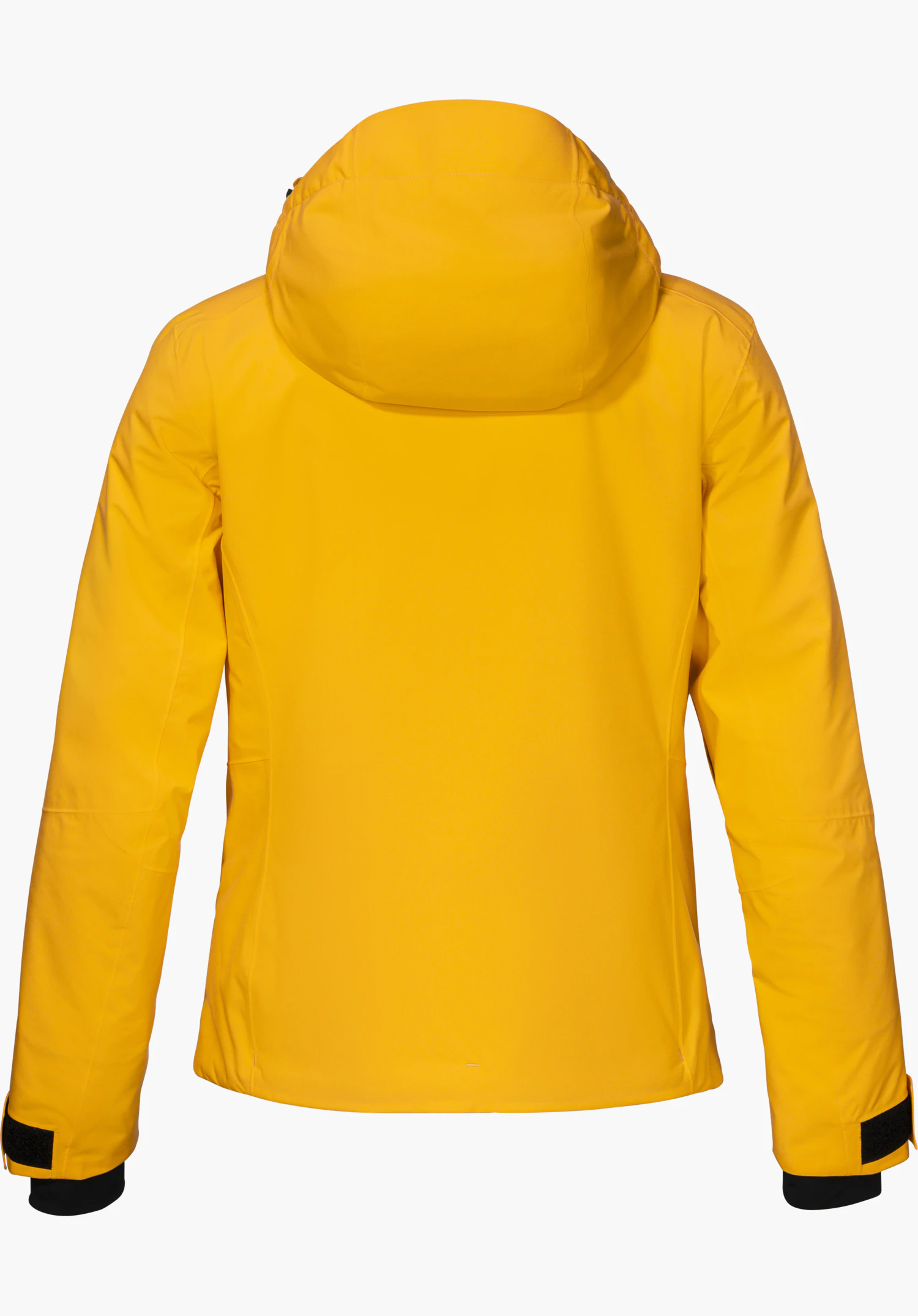 Jacket Style Trifex WMN, veste de ski jaune, vue de dos avec capuche, détourée sur fond blanc.