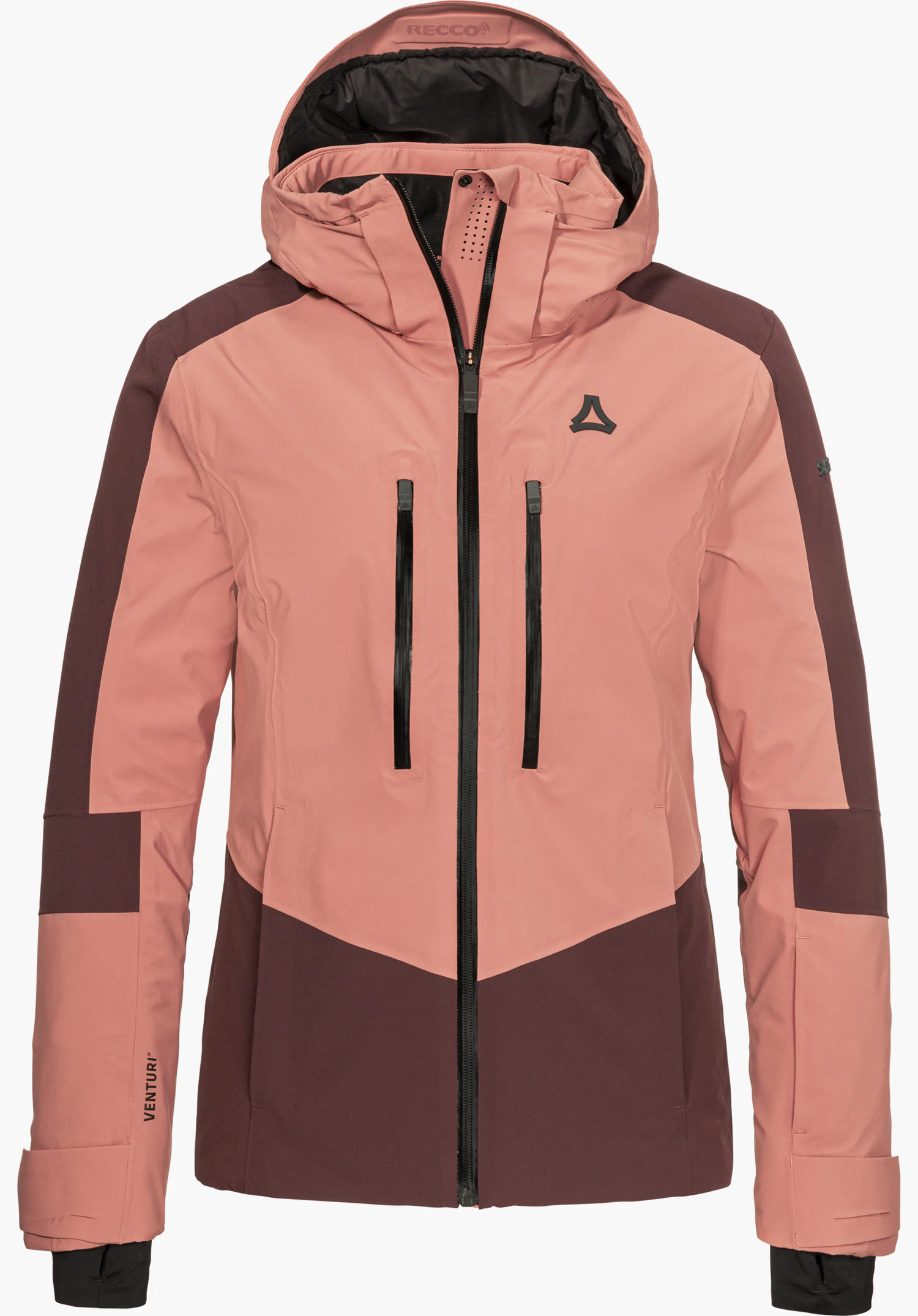 Jacket Style Safuna WMN Skijacke in rosa mit Kapuze, farblich abgesetzten Schulterpartien, schwarzem Frontreißverschluss und sichtbarem Schöffel-Logo in Frontansicht freigestellt vor weißem Hintergrund.
